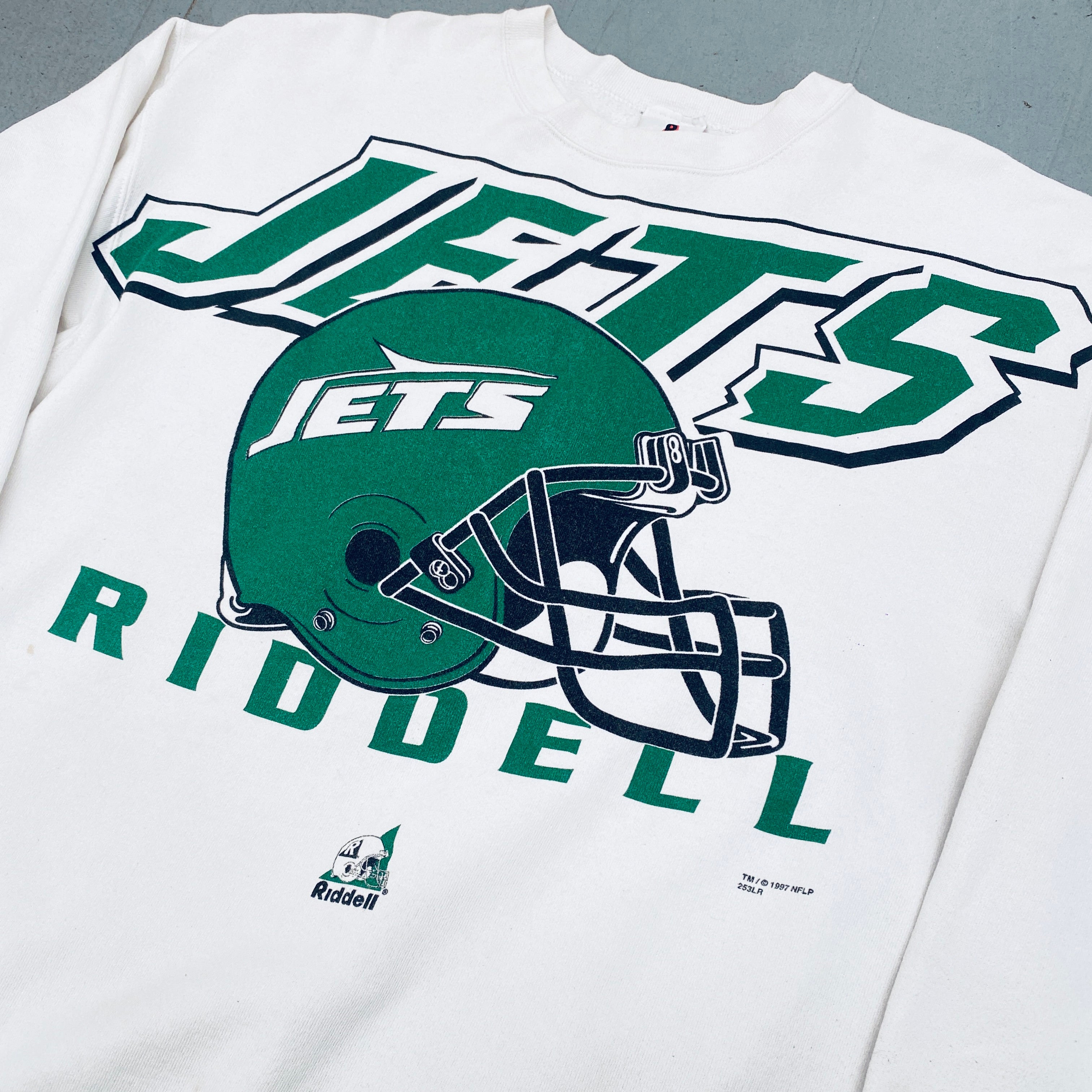 New York Jets 1997 Riddell HUGE Graphic Spellout Sweatshirt XL - Vintage NFL Fan Apparel for Game Day & Casual Wear