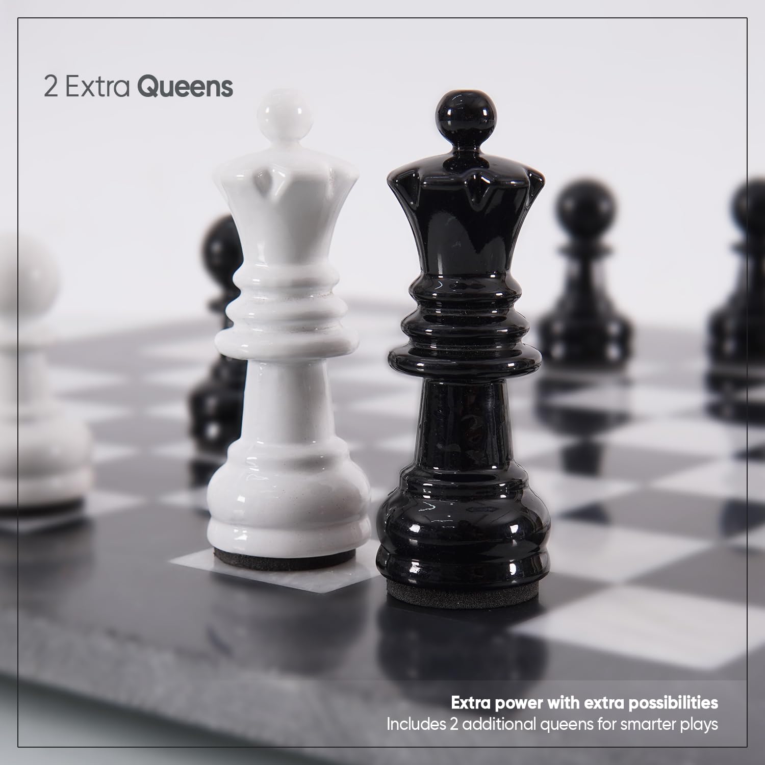 Premium 15-Inch Black & White Chess Set with Marble Board, 32 Metallic Chess Pieces & 2 Extra Queens - Classic 2-Player Strategy Board Game for Adults | Perfect for Home Decor, Office, Gifts & Family Game Nights