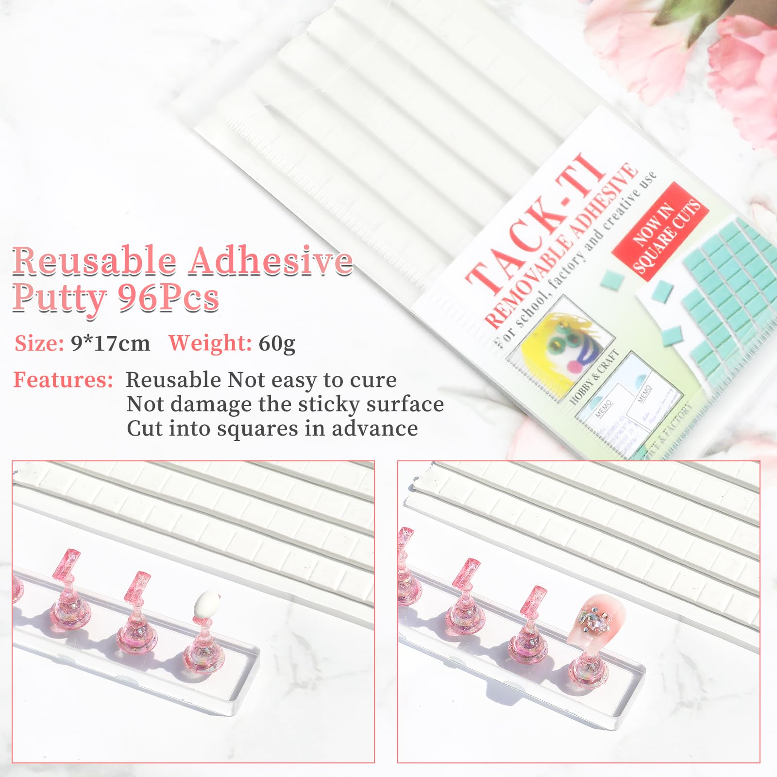 BQAN 2-Pack Square Nail Holder Stand for Press On & Acrylic Nails - Includes 96 Pcs Reusable Adhesive Putty - Perfect for DIY Manicures, Salon Nail Art & Home Nail Practice
