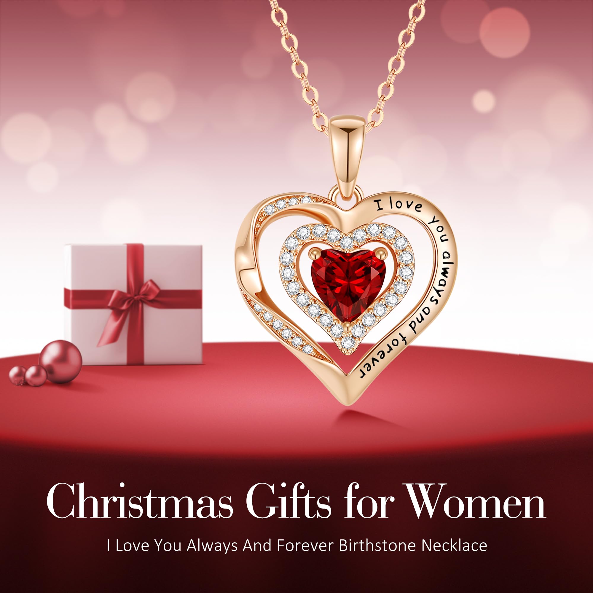 Rose Gold Heart Birthstone Necklace for Women - S925 Sterling Silver Pendant Jewelry, I Love You Always & Forever Gift for Wife, Girlfriend, Mom - Perfect for Anniversary, Birthday, Valentine's Day & Special Occasions