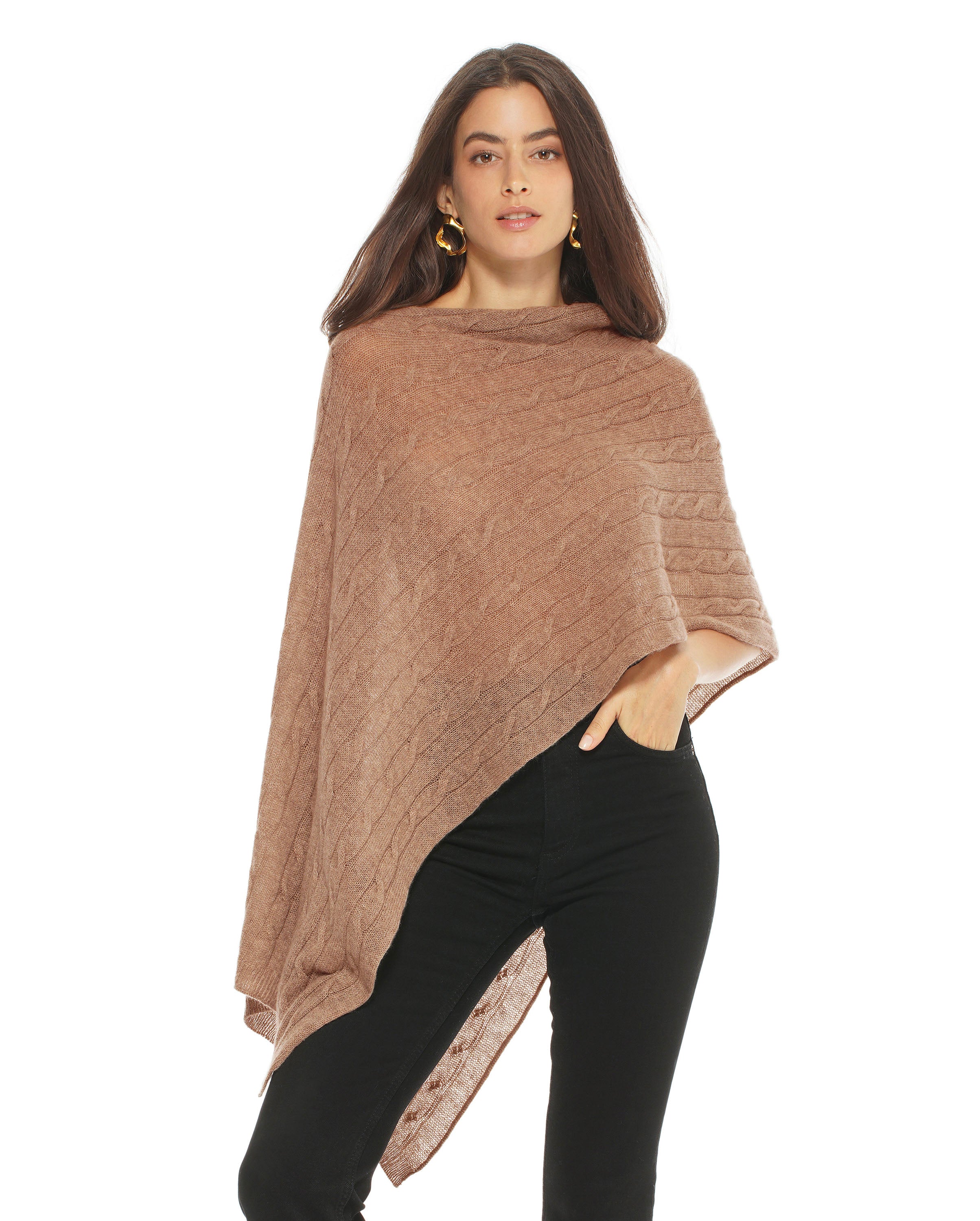 Luxury Women's Pure Cashmere Cable Knit Poncho Shawl - Soft & Warm Winter Wrap - Perfect for Fall, Winter & Holiday Outfits (Camel Color)