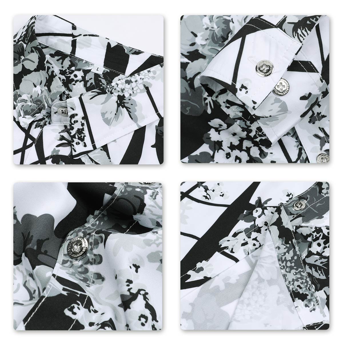 Slim Fit White Plum Blossom Print Shirt for Men - Casual Black Button Down Shirt for Office, Date Night & Spring Outfits