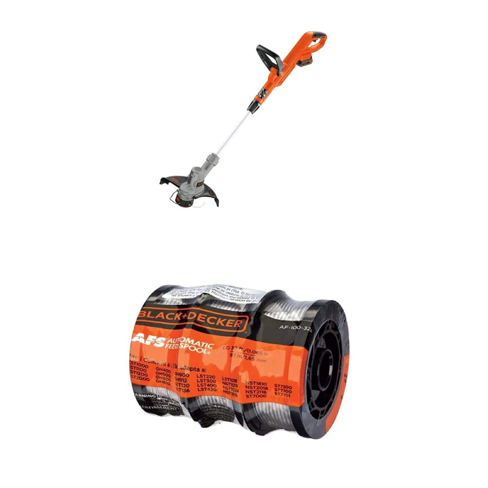 BLACK+DECKER 20V MAX Cordless String Trimmer with 30-Foot 0.065-Inch Trimmer Line - 3-Pack (LST300 & AF-100-3ZP) - Perfect for Lawn Edging, Weed Control & Yard Maintenance