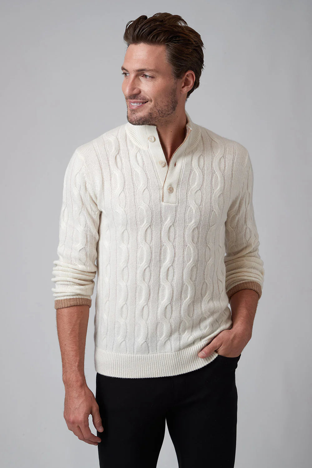 Luxury Cashmere Button Mock Neck Cable Knit Sweater for Women - Soft & Warm Winter Pullover - Perfect for Office, Date Night & Holiday Outfits