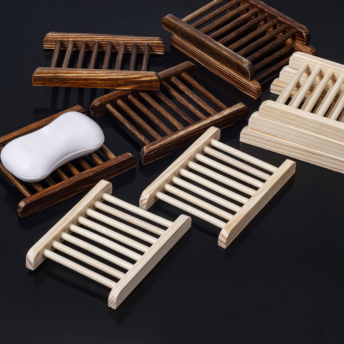 10-Piece Bamboo Wood Soap Holder Set - Handcrafted Wooden Soap Case for Bathroom, Bathtub & Shower - Natural Charcoal Finish - Perfect for Spa, Guest Bath & Luxury Home Decor