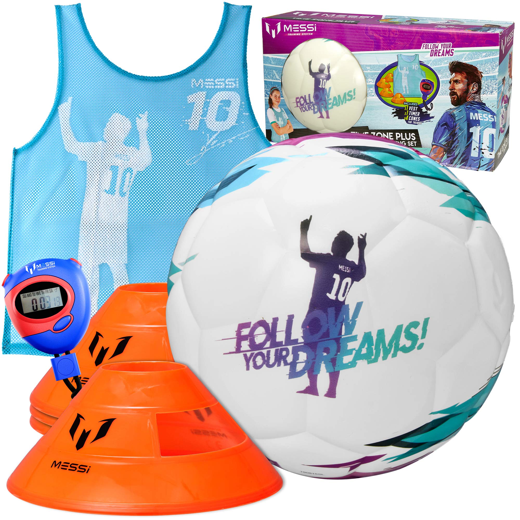 **Lionel Messi Kids Soccer Training Set - 7-Piece Youth Football Kit with Size 4 Soccer Ball, 4 Cones, Stopwatch & Vest - Perfect for Girls' Soccer Practice, Drills & Backyard Games**