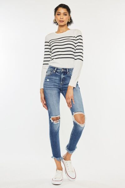 Kancan Women's High Waist Distressed Raw Hem Ankle Skinny Jeans - Trendy Ripped Denim Pants for Casual Wear, Night Out & Street Style Fashion