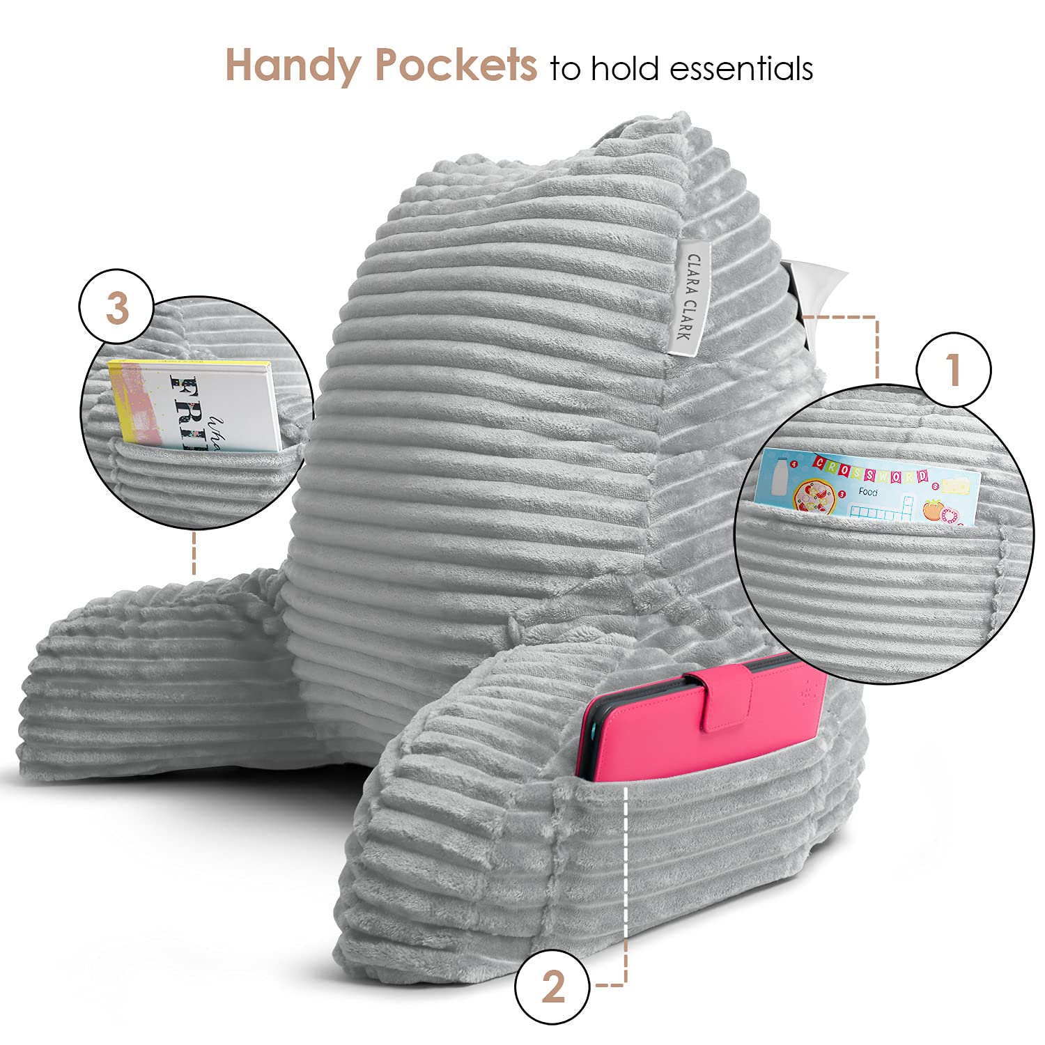 Clara Clark Reading Pillow for Adults - Plush Back Support Pillow with Arms & Pockets for Sitting in Bed, Shredded Foam Bed Rest Pillow (Silver) - Perfect for Reading, Watching TV, or Relaxing in Bed