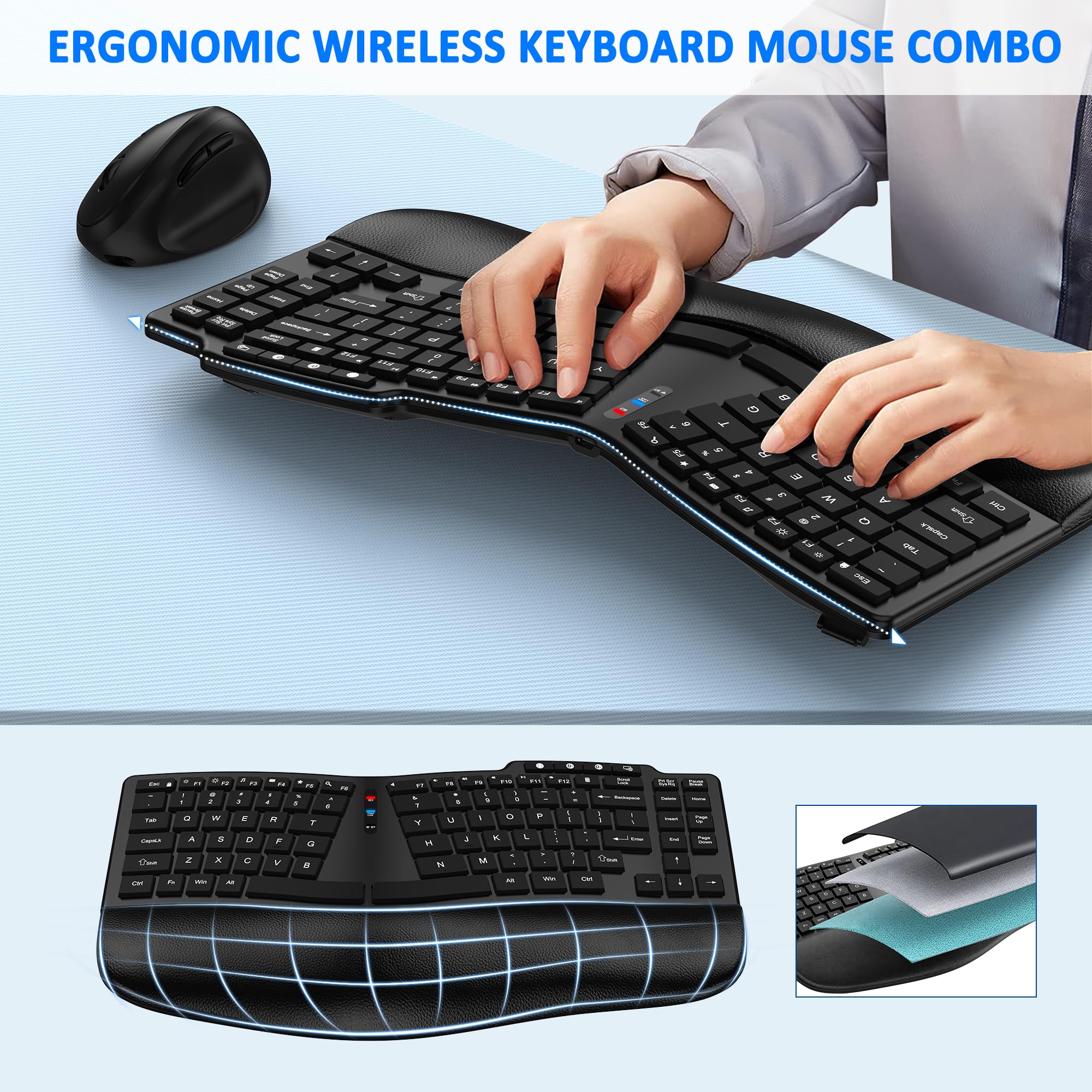 Ergonomic Wireless Keyboard and Mouse Combo - Bluetooth/2.4G Split Design with Palm Rest | 3-Level DPI Adjustable Vertical Mouse | Rechargeable for Windows & Mac | Perfect for Office, Gaming & Home Use