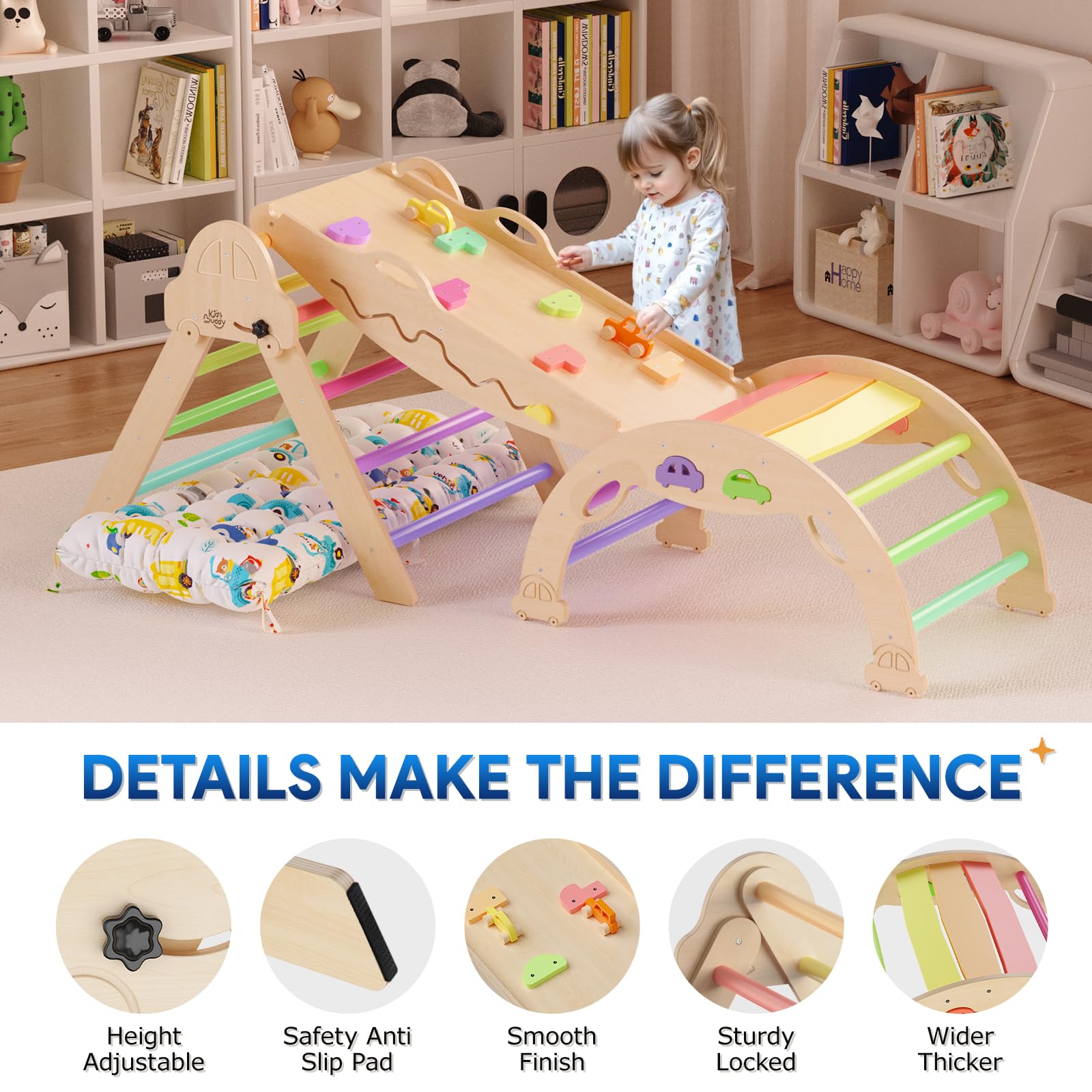 Foldable Pikler Triangle Set with Cushion - 9-in-1 Montessori Climbing Toys for Toddlers 1-3 Years | Indoor Wooden Play Gym with Maze, Shape Sorter & Car Toys | Perfect for Home Playrooms, Daycares & Montessori Learning Spaces