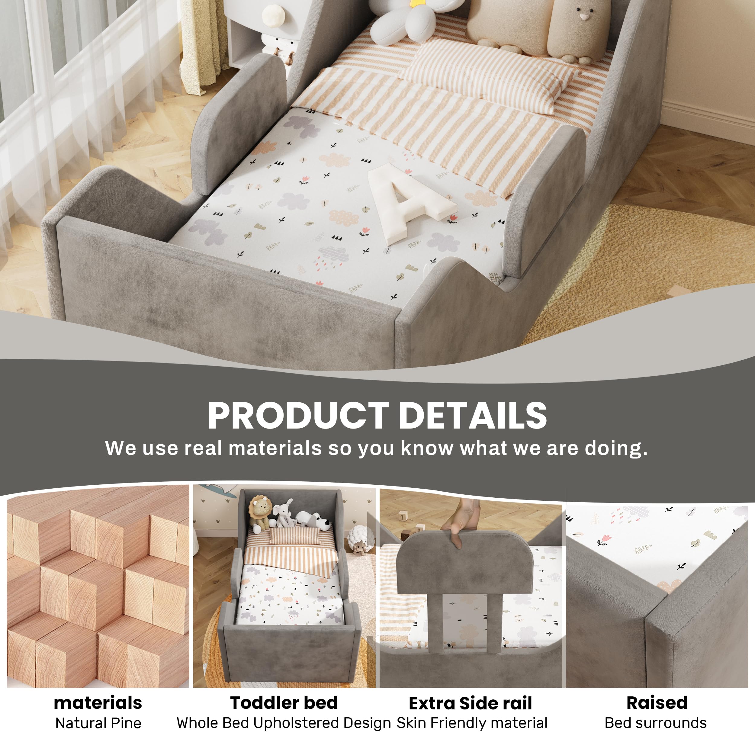 **Toddler Floor Bed Frame with Guard Rails - Safe & Certified Fabric Small Bed for Boys & Girls Aged 1-2 Years (Grey) | Perfect for Montessori Bedrooms & Child Safety**