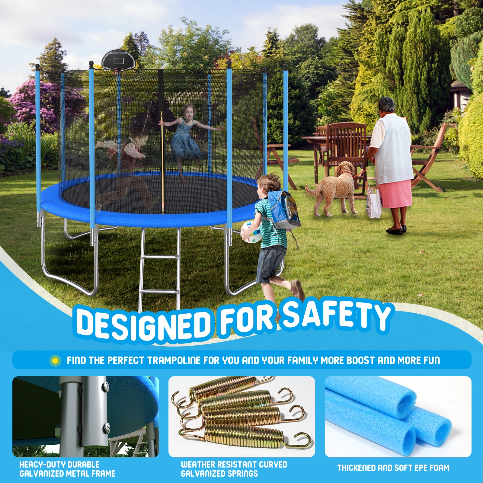 10 FT Outdoor Trampoline with Safety Enclosure & Basketball Hoop - Perfect for Backyard Fun, Kids Play, and Family Fitness Activities