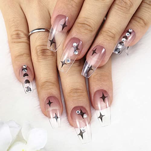 Acenail Press-On Nails Medium Length - Glossy Fake Nails with French Tip & 3D Designs - 24Pcs Clear Full Cover Artificial Acrylic Nails for Women & Girls (#1 Clear Star) - Perfect for Parties, Weddings & Everyday Glam