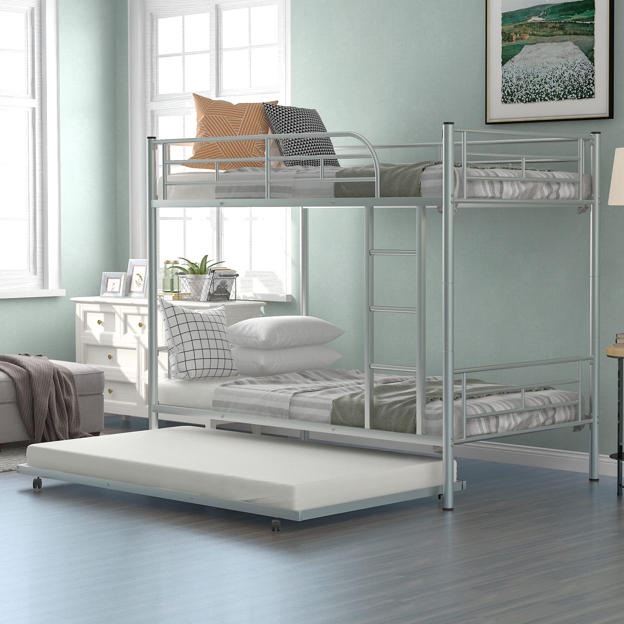 Twin Over Twin Metal Bunk Bed with Trundle - Convertible to 2 Separate Beds for Kids, Teens & Adults | Sturdy Steel Frame with Guardrail & Ladder | No Box Spring Needed | Space-Saving Bedroom Furniture (Silver) | Perfect for Guest Rooms, Dorms & Small Apartments
