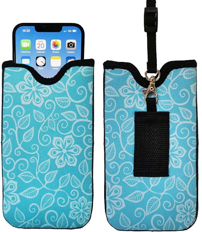 Shockproof Neoprene Phone Sleeve Pouch for iPhone 16/15 Pro Max, Samsung S24/S23/A54, Google Pixel 9/8 - Waterproof Protective Case with Neck Lanyard & Belt Loop (Floral Turquoise) - Perfect for Hiking, Running, Travel & Outdoor Activities