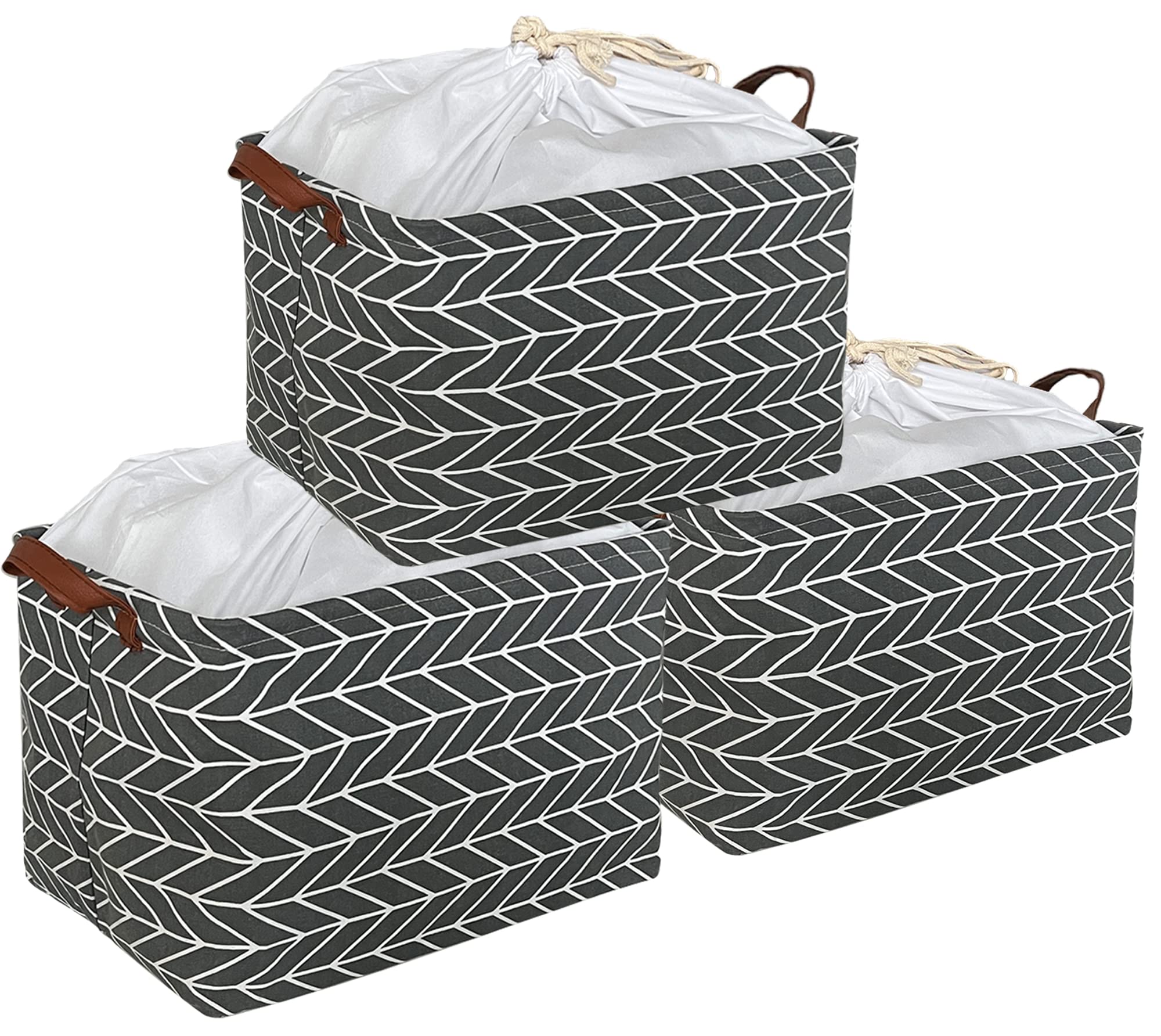 CLOCOR 3-Pack Grey Arrow Collapsible Storage Baskets - Waterproof Rectangular Storage Bins with Handles for Home Organization, Toys, Books & Clothes | Foldable Shelf Baskets for Bedroom, Nursery & Playroom Organization