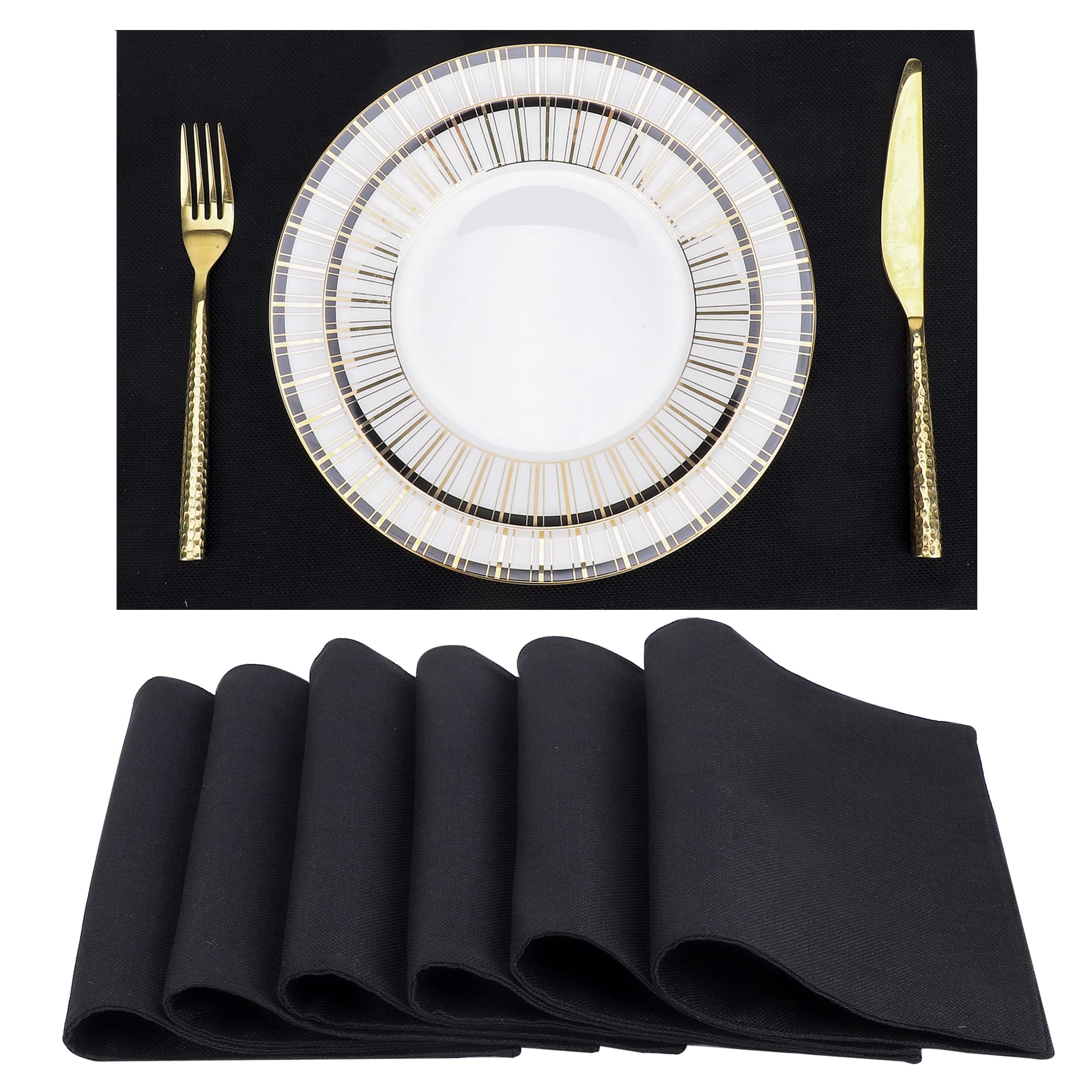 SLKQG Set of 6 Black Fabric Placemats - 12x17 Inch Heat Resistant & Non-Slip Table Mats - Machine Washable & Easy to Clean - Perfect for Dining Tables, Kitchen Countertops, and Party Decor (Black, 6-Pack)