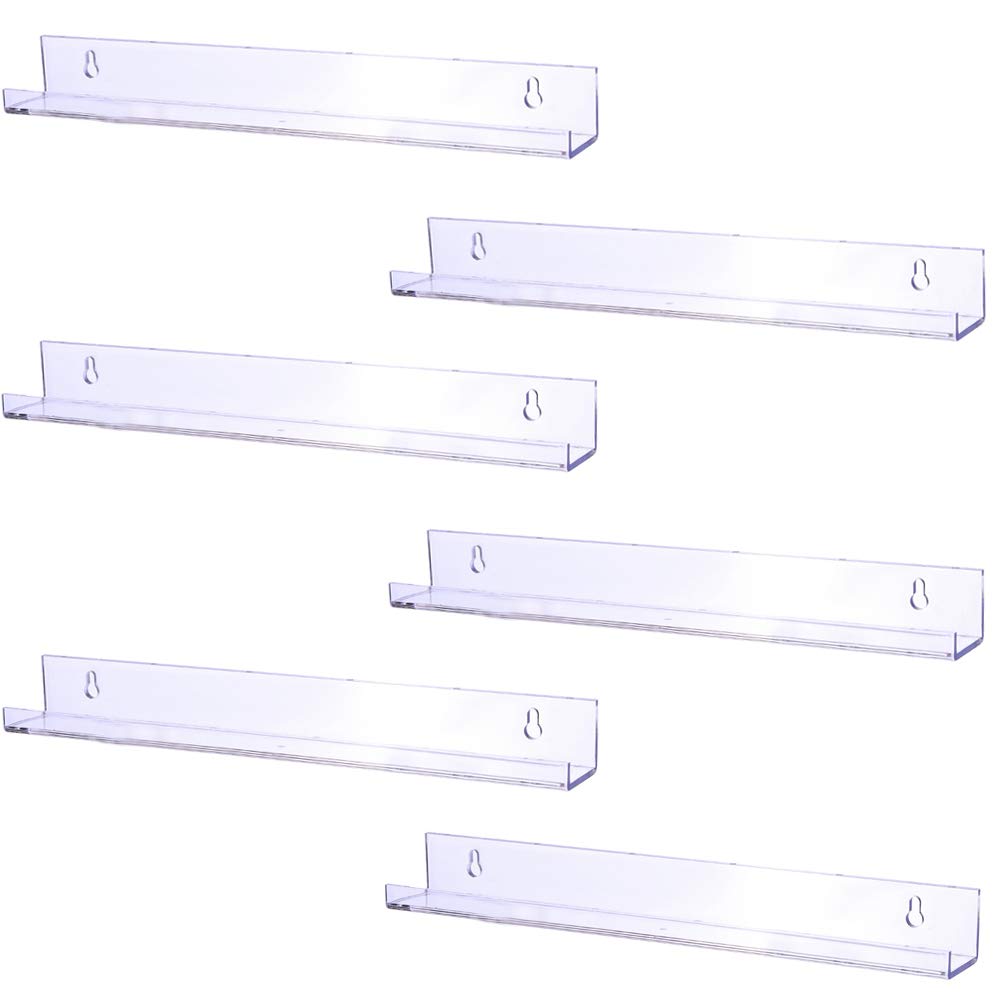 Sooyee 6 Pack 15 Inch Clear Acrylic Floating Bookshelf - Invisible Wall Mounted Shelves for Kids Room, Modern Picture Ledge & Toy Storage Organizer - Perfect for Nursery, Playroom, Bedroom & Classroom Decor