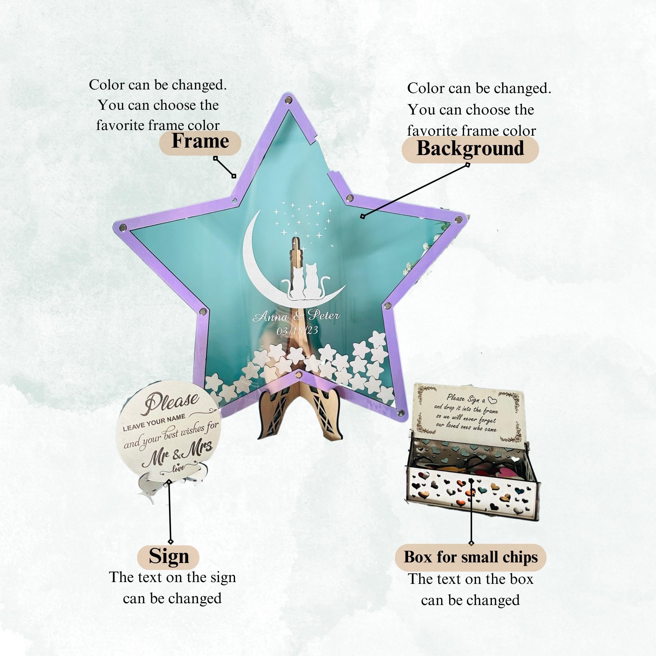 Custom Star-Shaped Wooden Quinceañera Guest Book Alternative Frame - Transparent Keepsake for Sweet 15, Weddings, Birthdays & Baby Showers | Unique Party Decor & Memorable Gift Idea