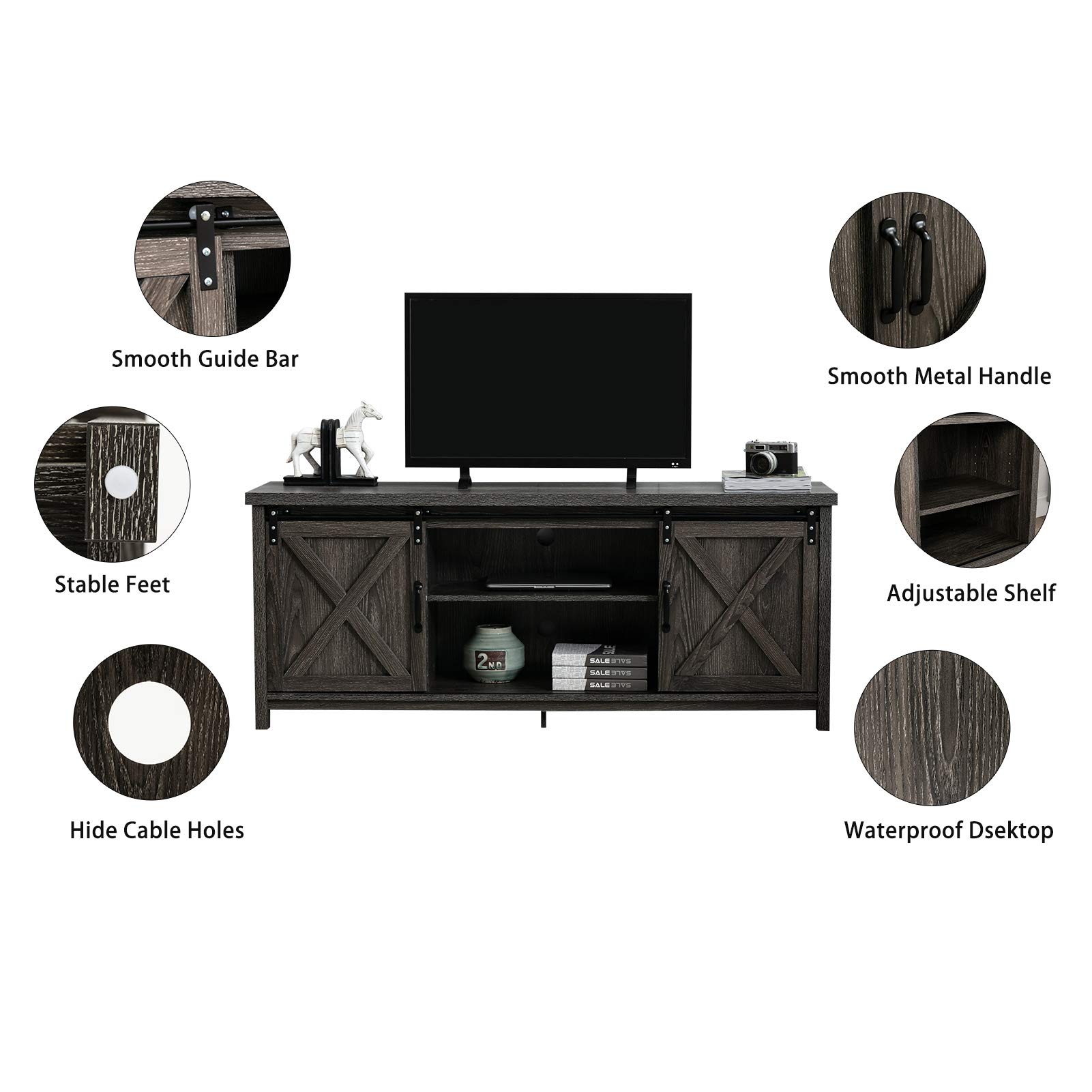 Rustic Farmhouse TV Stand for 50-65 Inch TVs with Adjustable Shelves & Sliding Barn Doors - Dark Grey Wooden Entertainment Center for Living Room, Bedroom (58 Inch) - Perfect for Modern Farmhouse Decor & Small Space Storage Solutions