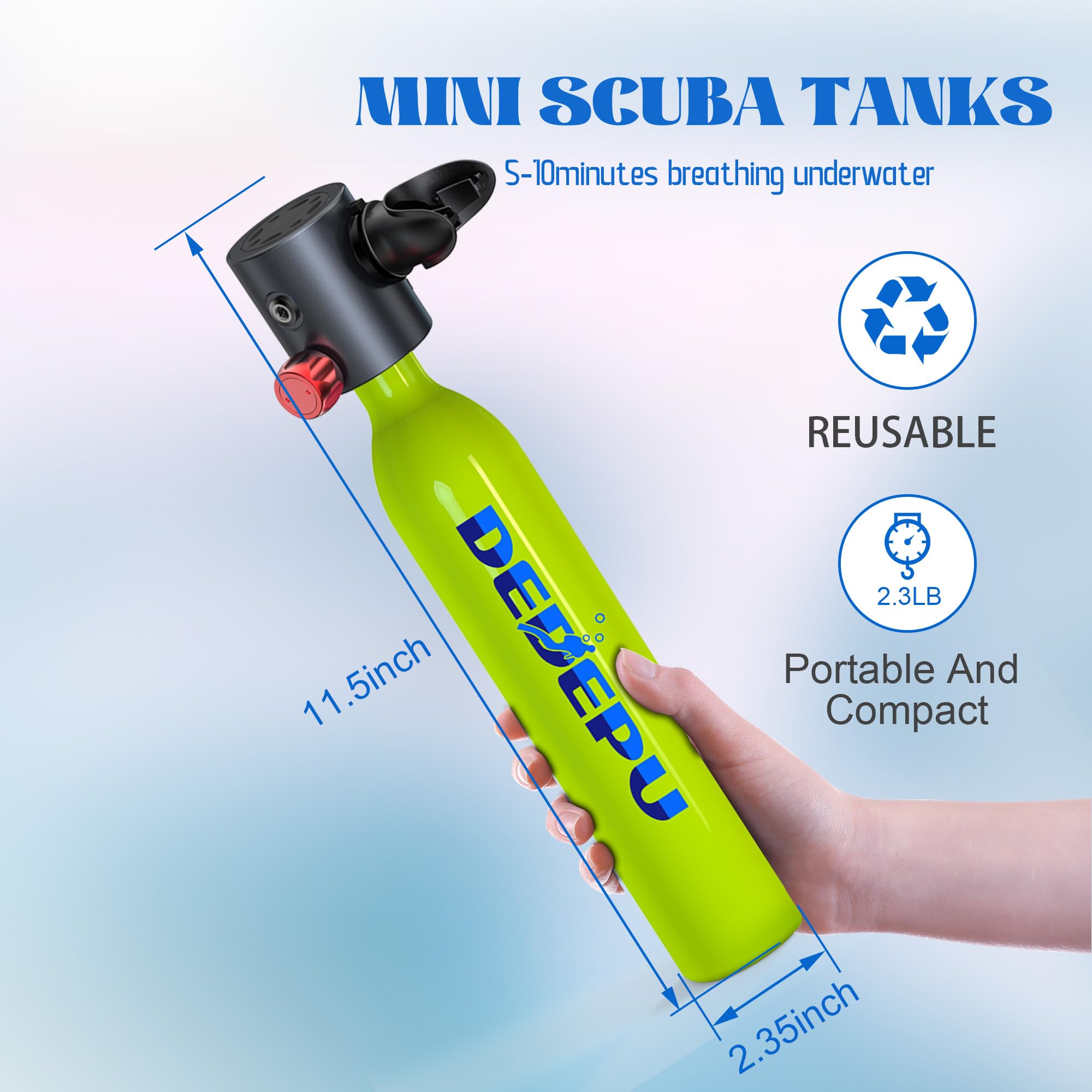 DEDEPU 0.5L Mini Scuba Tank - Portable Diving Oxygen Cylinder with 5-10 Min Underwater Time - Compact Scuba Gear for Snorkeling, Spearfishing & Pool Training - Ideal for Beginners & Professional Divers