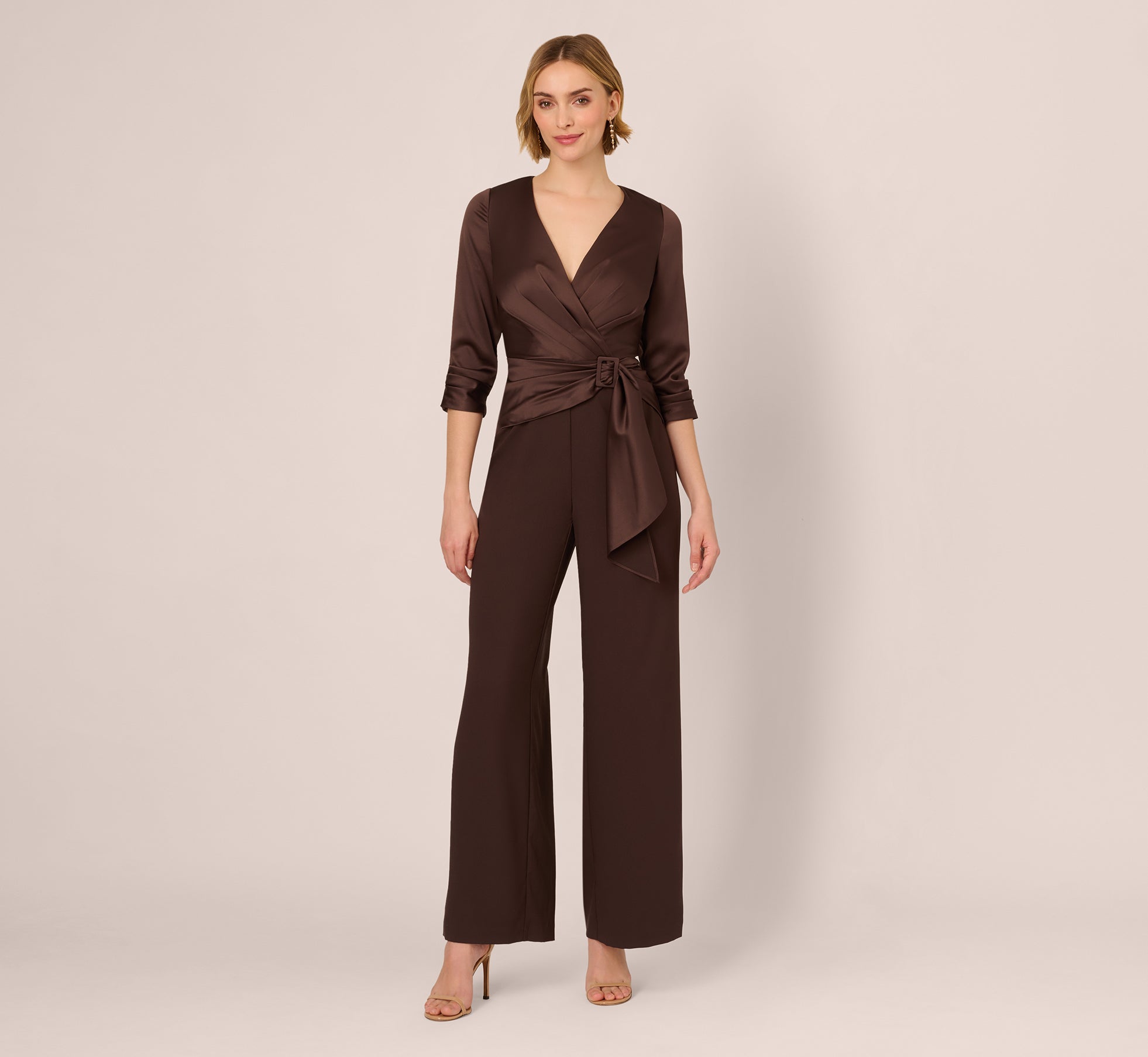 Dark Brown Satin Crepe Jumpsuit - 3/4 Sleeve with Adjustable Buckle Waist | Elegant Women's Romper for Office, Cocktail Parties & Evening Events