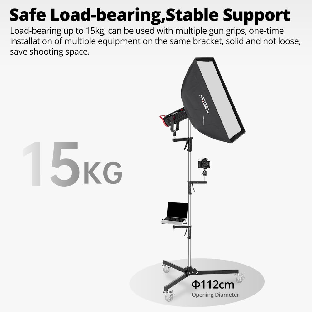 AMBITFUL 7.8Ft Wheeled Mobile Light Stand for Studio Photography - 94 Inch Adjustable Grip Stand Compatible with Strobe & LED Lights - Perfect for YouTube, TikTok & Portrait Shooting