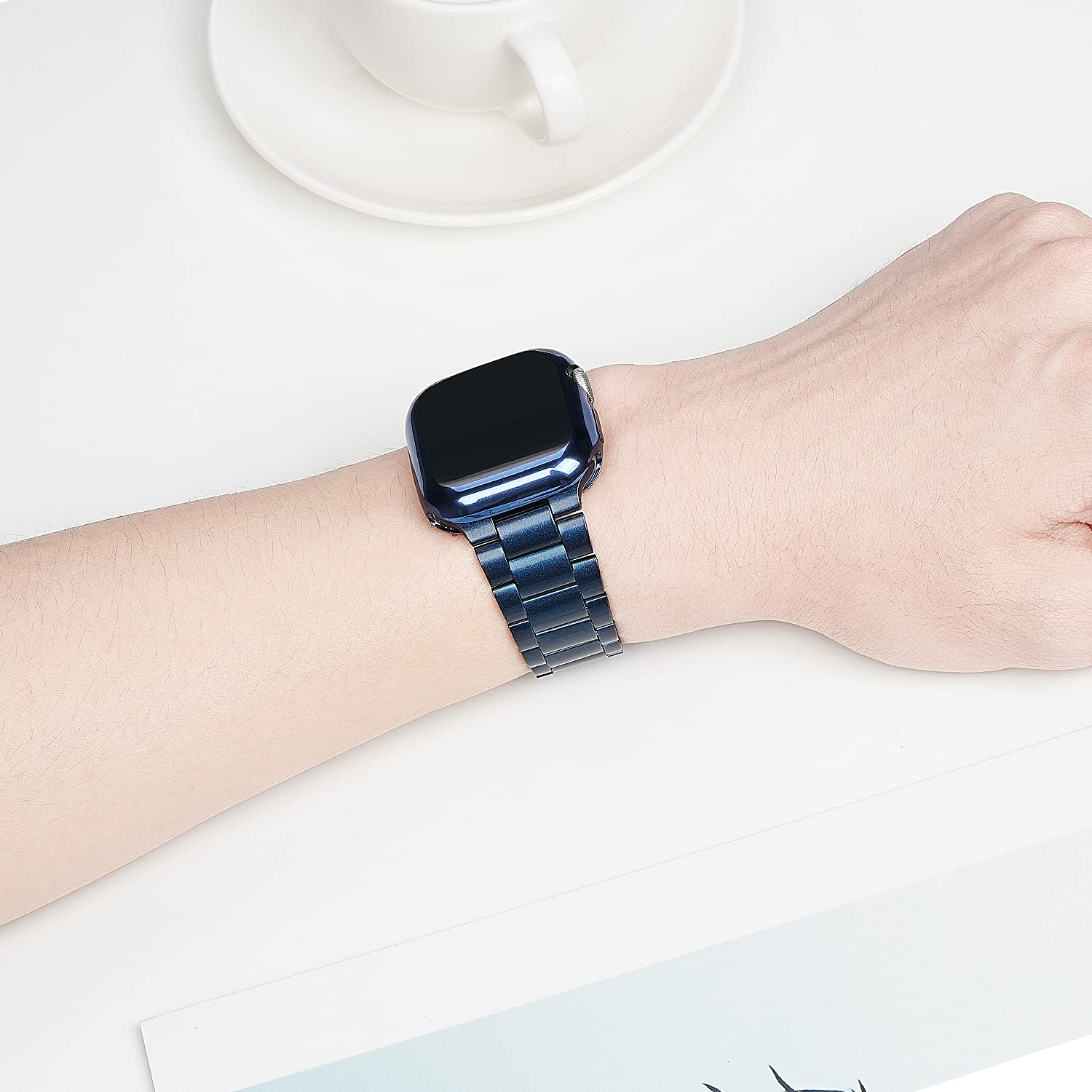 Premium Stainless Steel Apple Watch Band 40mm - Compatible with Series 6/5/4/SE | Durable Metal iWatch Strap with Screen Protector Case | Elegant Blue Women's Watch Accessory for Work, Gym & Everyday Wear