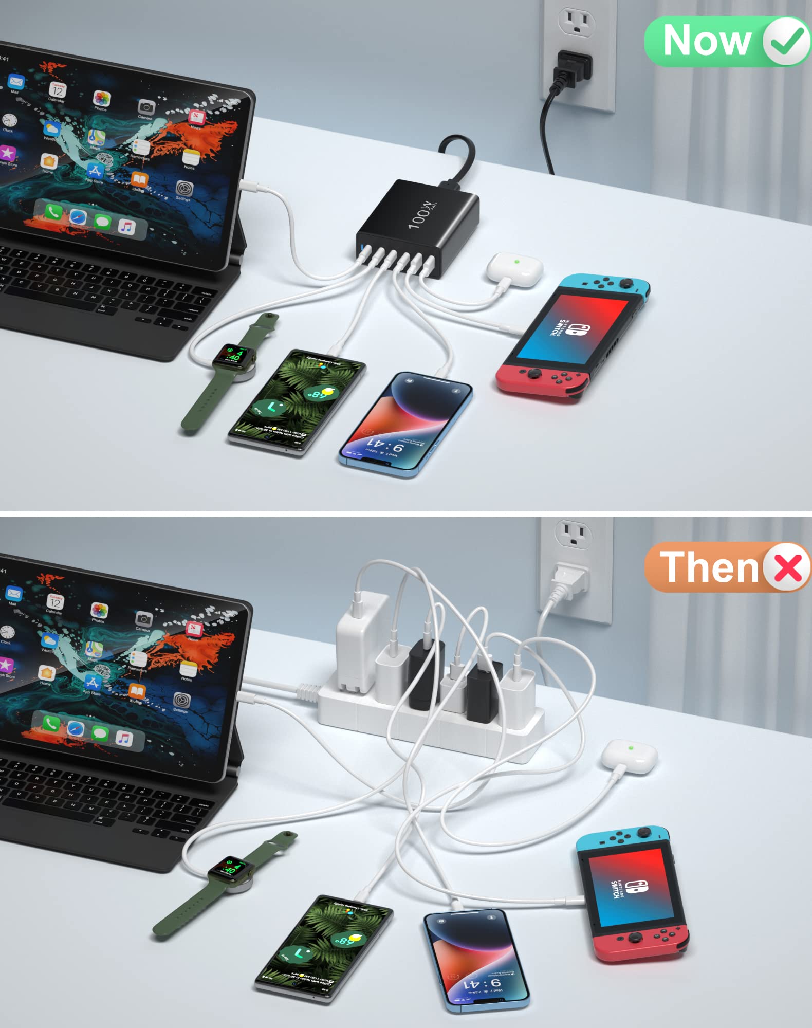 100W GaN USB C Charger 6-Port Fast Charging Station - 4 USB C & 2 USB A Ports - Compatible with iPhone 15/14/13/12 Pro Max, Galaxy Note, iPad, Pixel & More - Compact Wall Charger Power Adapter (Black) - Perfect for Home, Office & Travel Charging Multiple Devices Simultaneously
