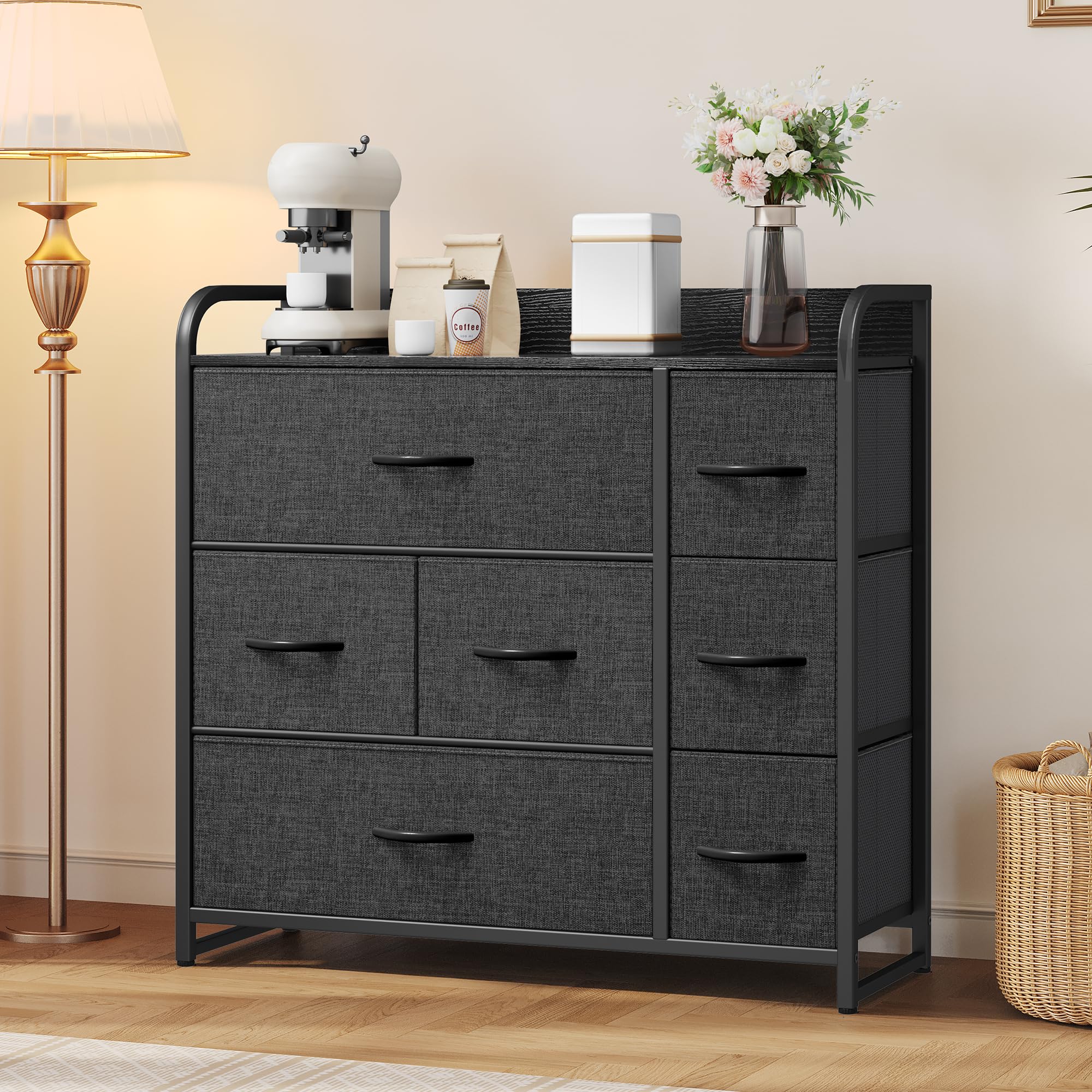 YITAHOME 7-Drawer Fabric Dresser with Large Capacity - Sturdy Steel Frame & Wooden Top Storage Tower for Living Room, Bedroom, Closet - Easy Pull Fabric Bins (Black/Grey) - Perfect for Organizing Clothes, Toys & Home Essentials
