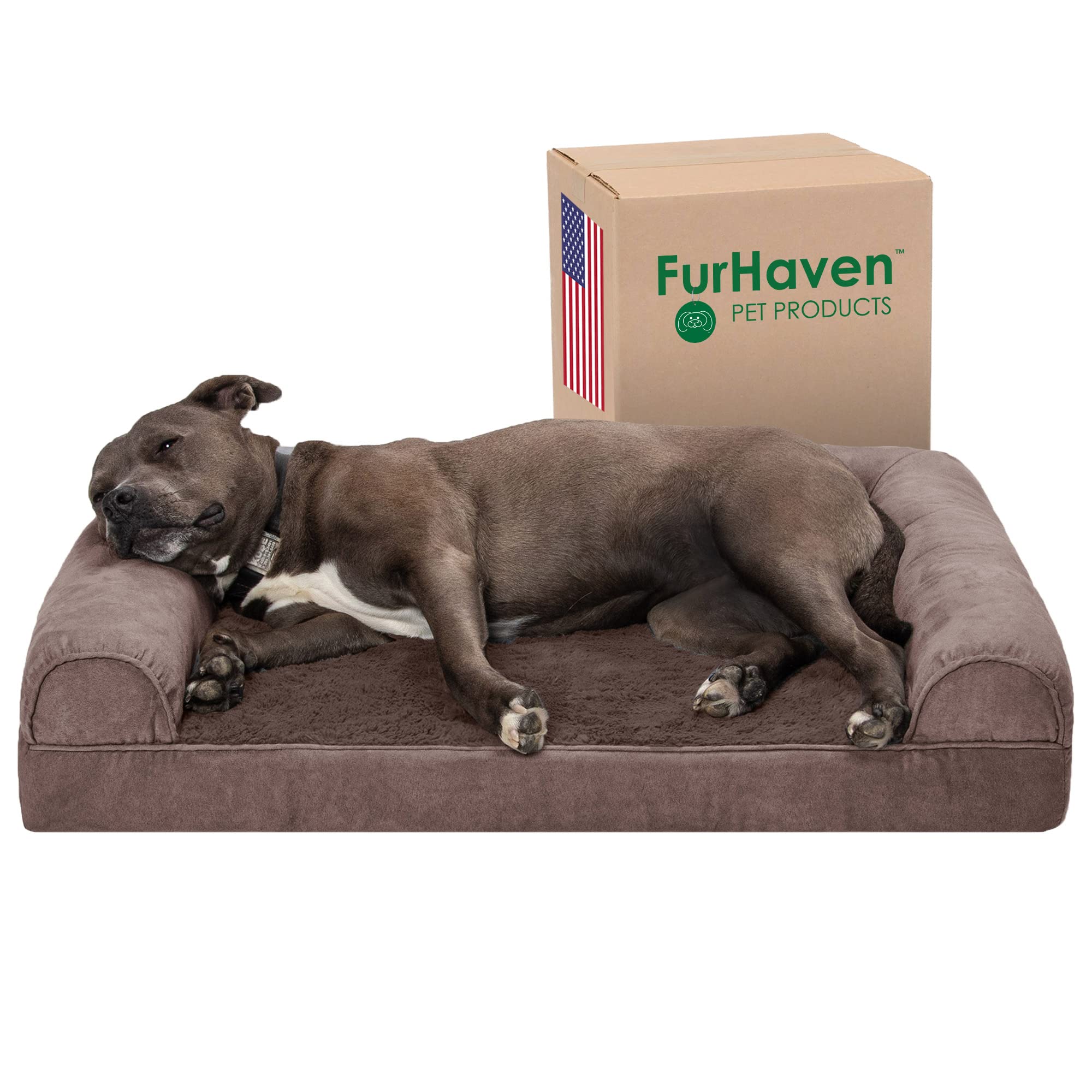Furhaven Orthopedic Dog Bed for Large & Medium Dogs - Removable Bolsters & Washable Cover - Supports Up to 55 lbs - Plush Faux Fur & Velvet Sofa Design - Driftwood Brown (Large Size) - Perfect for Living Room, Bedroom or Pet-Friendly Spaces