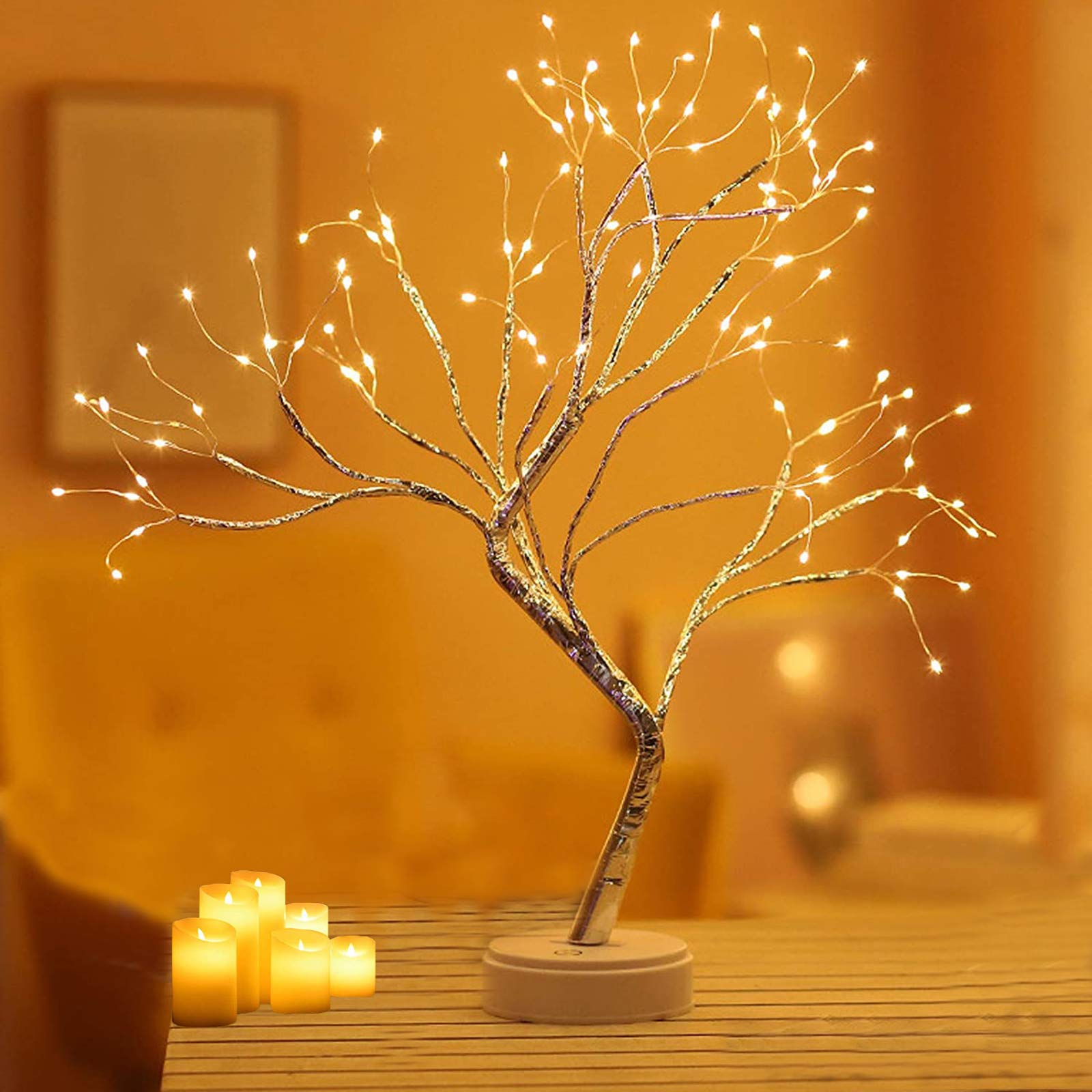 108 LED Silver Copper Wire Table Tree Light - 8 Modes USB/Battery Operated Artificial Bonsai Lamp for Home & Office Decor (Warm White) | Perfect for Christmas, Bedroom, Desk & Party Decoration