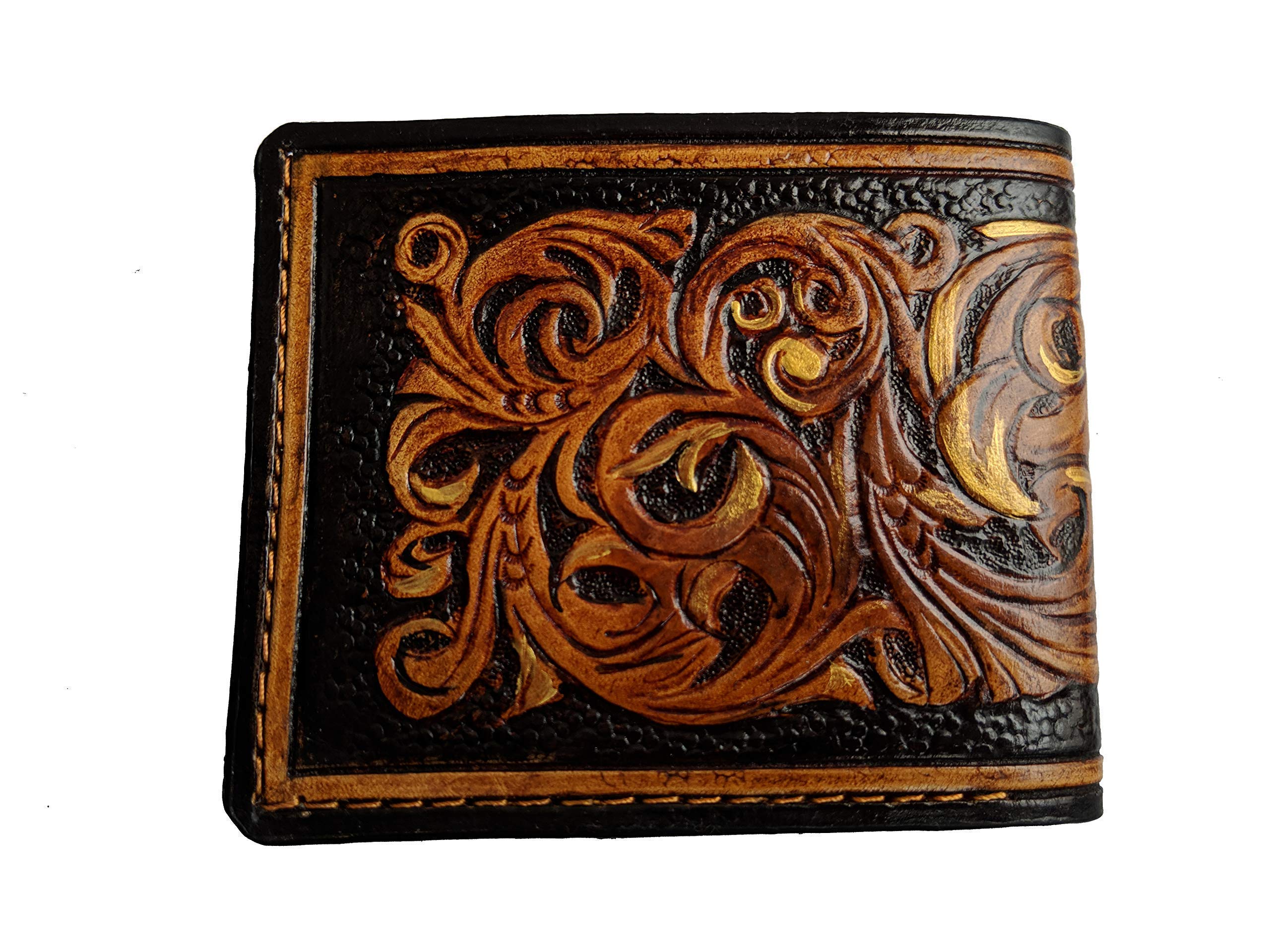 Handmade 3D Genuine Leather Wallet for Men - Custom Engraved & Hand-Painted Floral Design - Personalized Gift for Dad, Husband, Boyfriend - Perfect for Everyday Use, Travel & Special Occasions