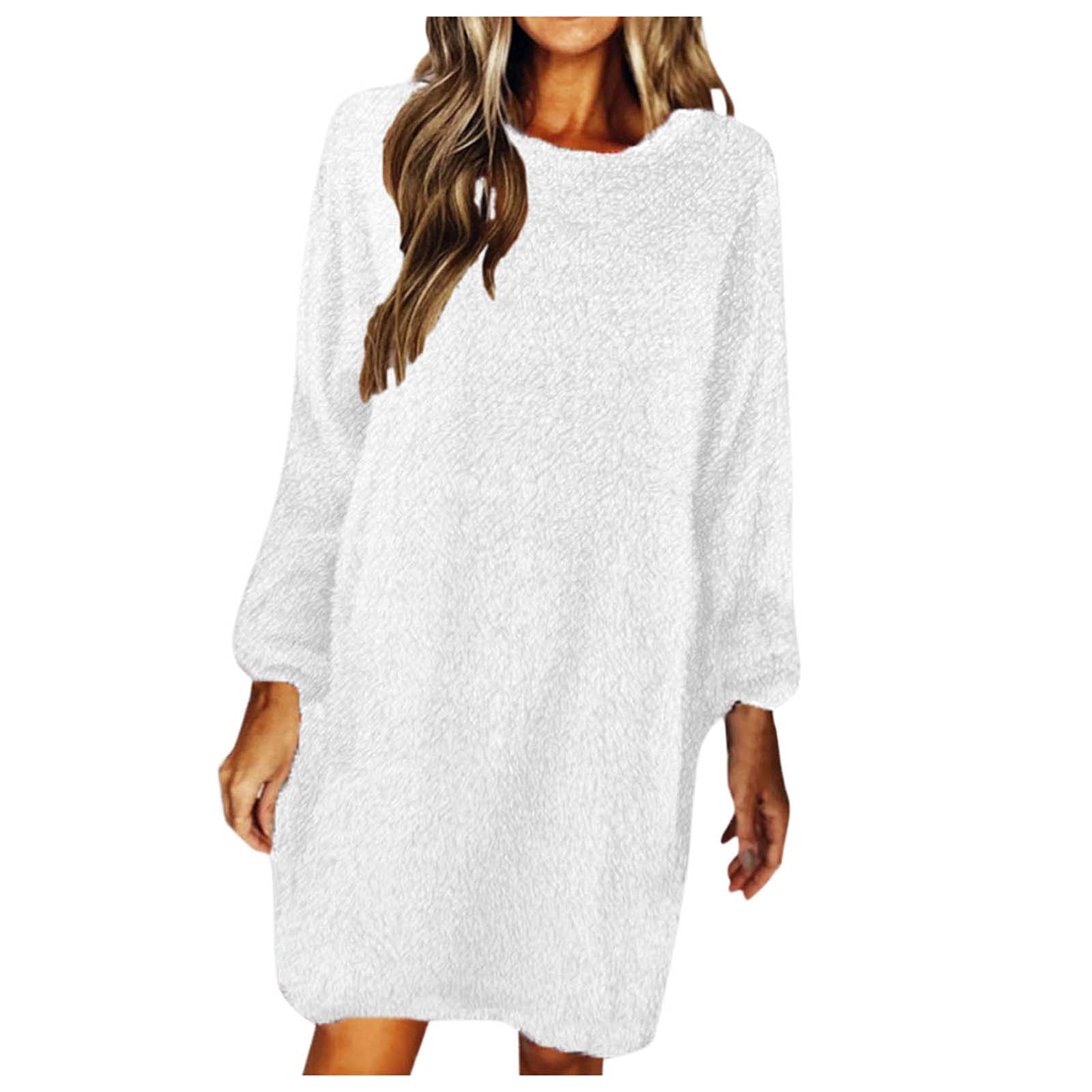 Women's V-Neck Plush Sweater Dress - Solid Color Long Sleeve Loose Fit Size 10 | Casual Winter Wear, Office Outfit, Holiday Party Dress