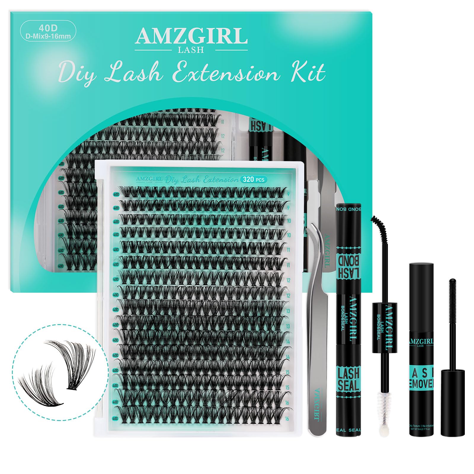320Pcs DIY Individual Eyelash Extension Kit - Professional Lash Clusters, Bond, Seal & Remover Set with Applicator Tool (40D, D-Mix 9-16mm) for Salon-Quality Lashes at Home | Perfect for Bridal, Party & Daily Makeup Looks