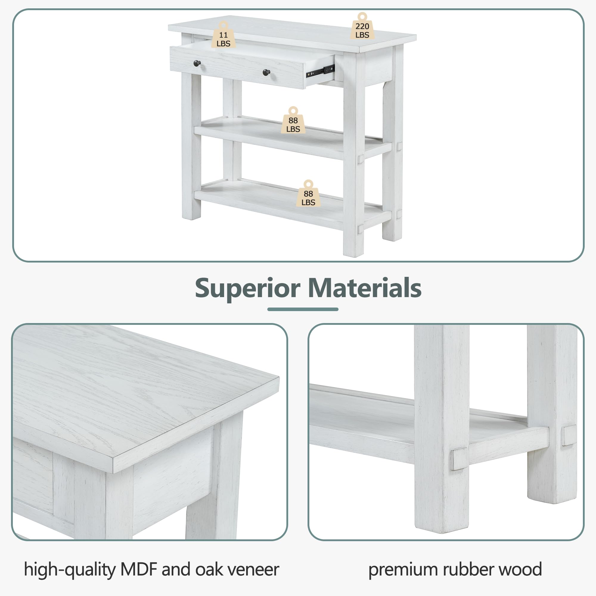 Rustic Entryway Console Table with Storage Drawer & 2 Shelves - Farmhouse Hallway Sofa Table for Living Room, Foyer & Entryway - Easy Assembly Antique White - Perfect for Home Decor & Small Space Organization