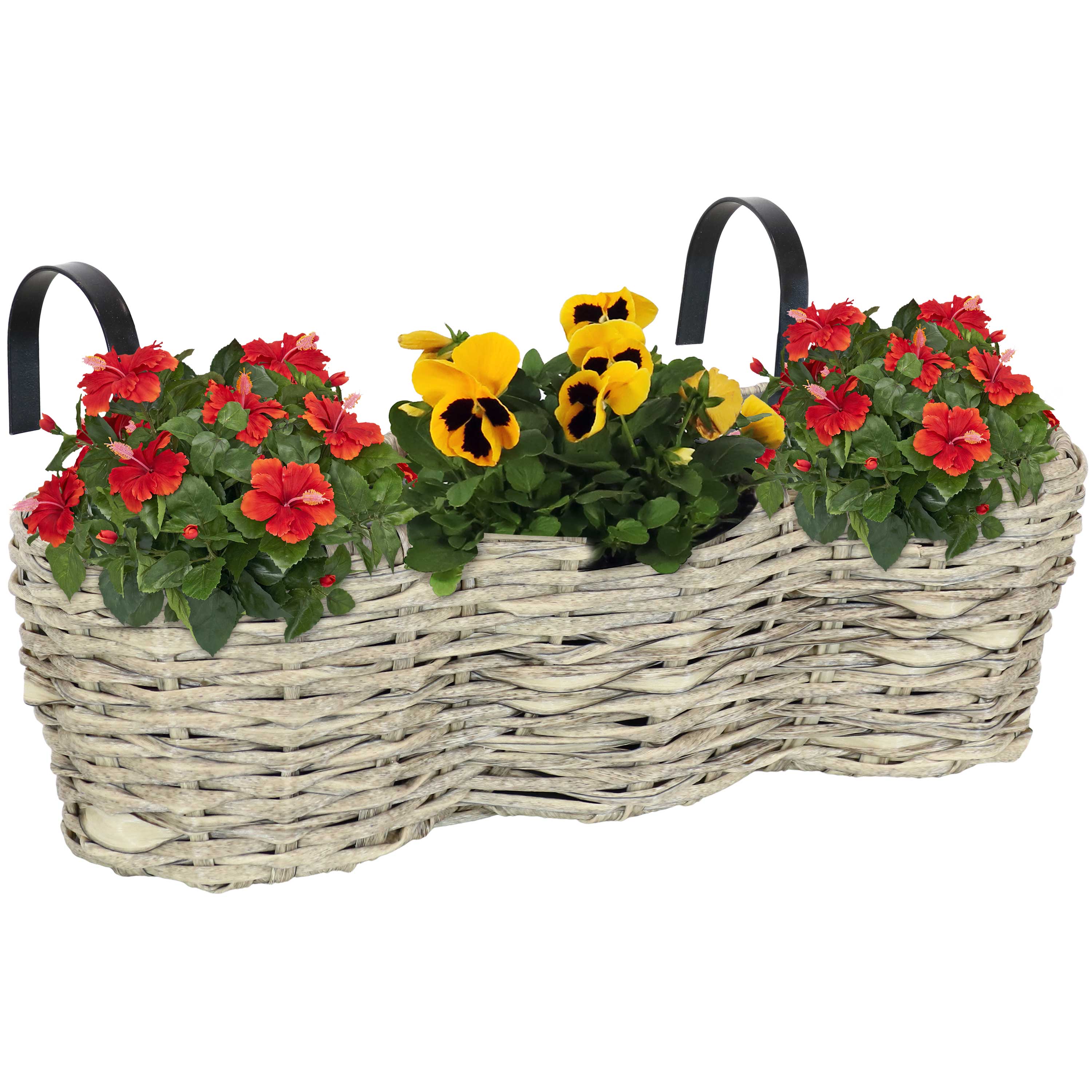 Sunnydaze Round Polyrattan 3-Section Over the Rail Planter - Hanging Flower Box for Balcony, Deck, Porch & Window Railings - Outdoor Garden Decor