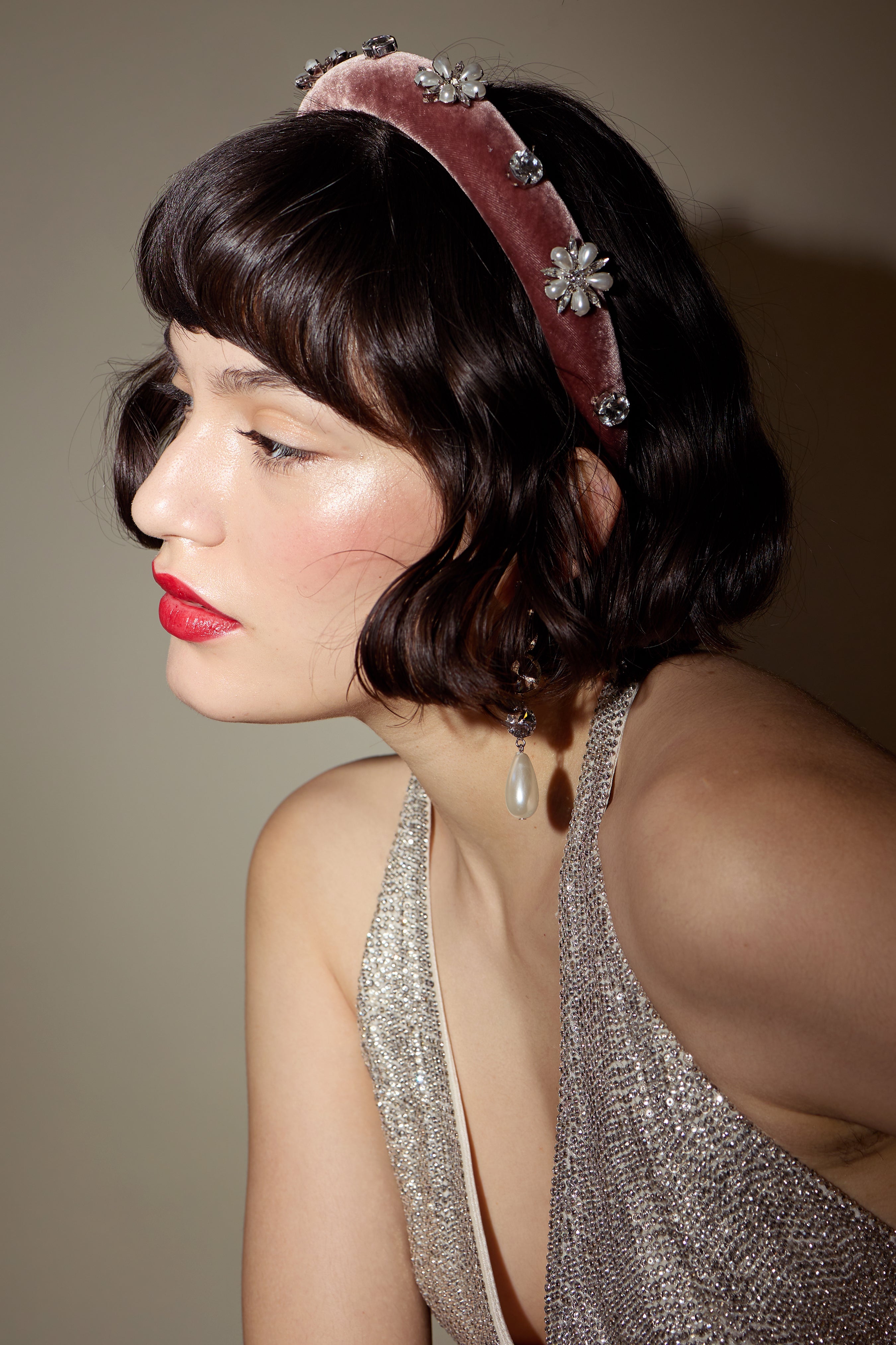 Annie Pearl & Crystal Velvet Padded Headband for Women - Elegant Hair Accessory for Weddings, Parties & Special Occasions