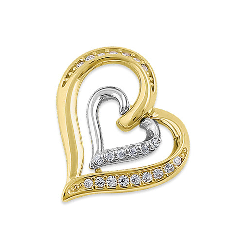14K Solid Gold Heart Pendant with White Gold Inner & CZ Stones - Elegant Jewelry Gift for Women, Perfect for Valentine's Day, Anniversary & Special Occasions