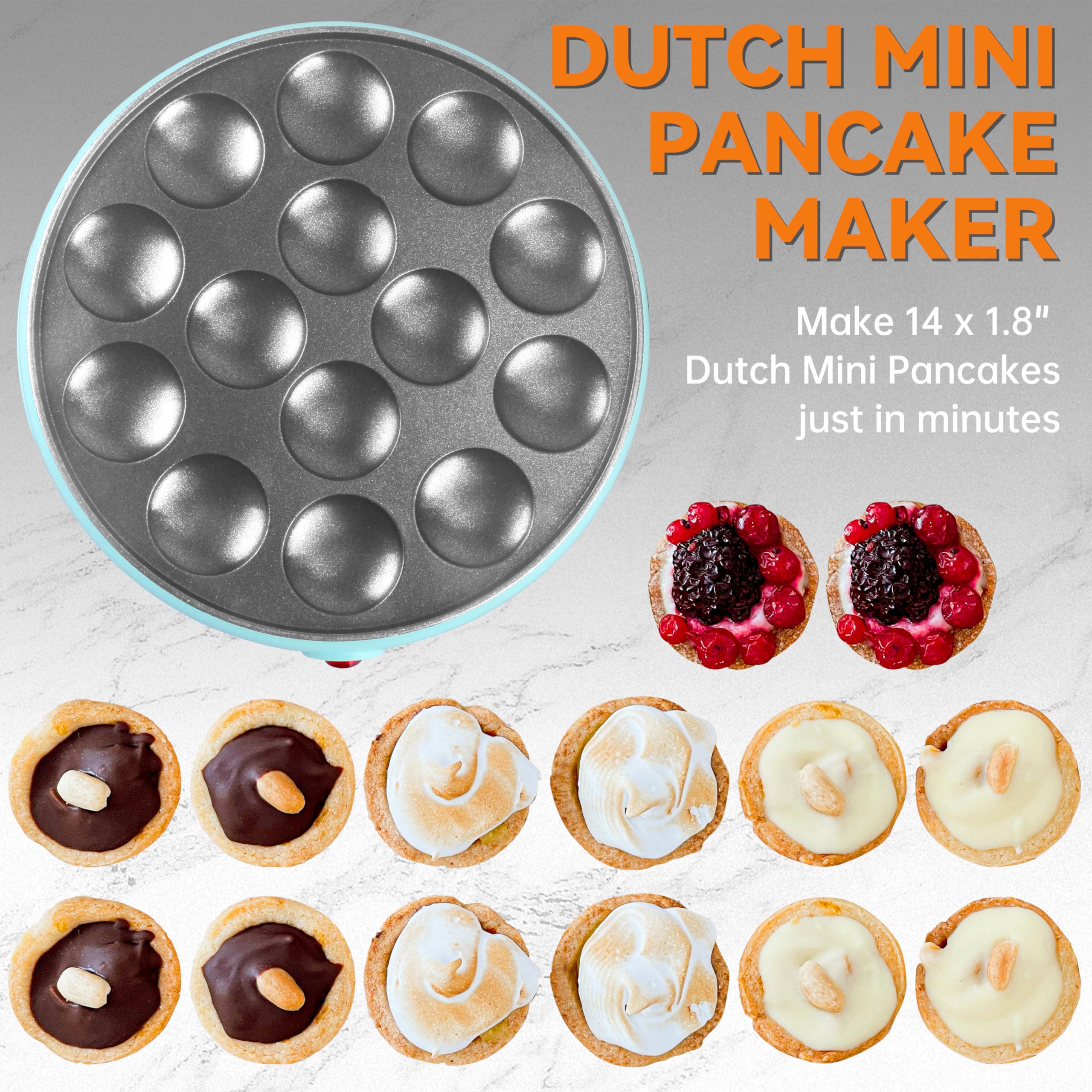 Baker's Friend Mini Pancakes Maker Machine - 14-Hole Electric Poffertjes Pan & Dutch Mini Pancake Griddle | Perfect for Breakfast, Snacks, Desserts | Quick & Easy Homemade Pancakes | Aquamarine Blue | Ideal for Family Breakfast, Kids' Parties & Holiday Brunches