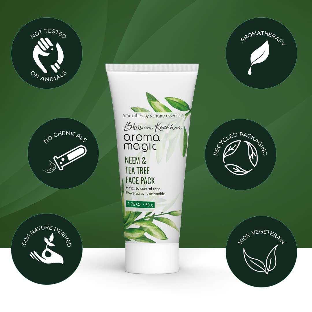 Aroma Magic Neem & Tea Tree Face Pack with 5% Niacinamide, Aloe Vera & Lemon Extracts - Acne Treatment for Oily Skin, Reduces Blackheads & Tightens Pores - Lavender Essential Oil Infused - 50g | Perfect for Daily Skincare Routine & Post-Workout Face Care