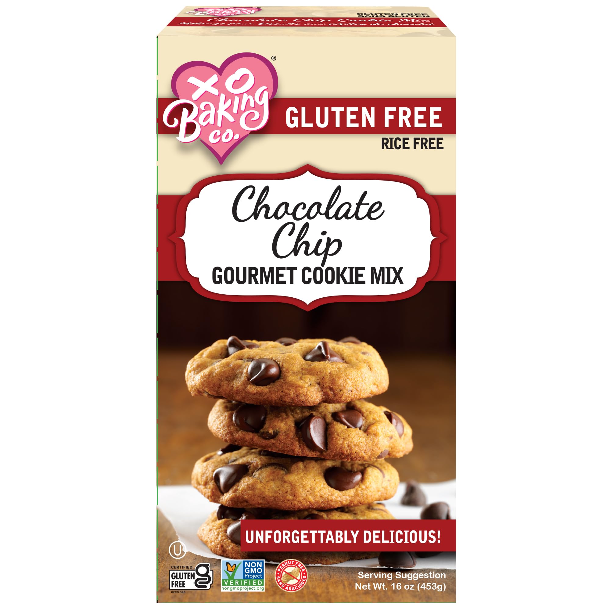 XO Baking Co. Gluten Free Chocolate Chip Gourmet Cookie Mix - Non-GMO, Kosher, Rice Free, Dairy Free, Peanut Free, No Preservatives or Artificial Flavors - 16oz - Perfect for Allergies, Vegan Baking & Holiday Treats