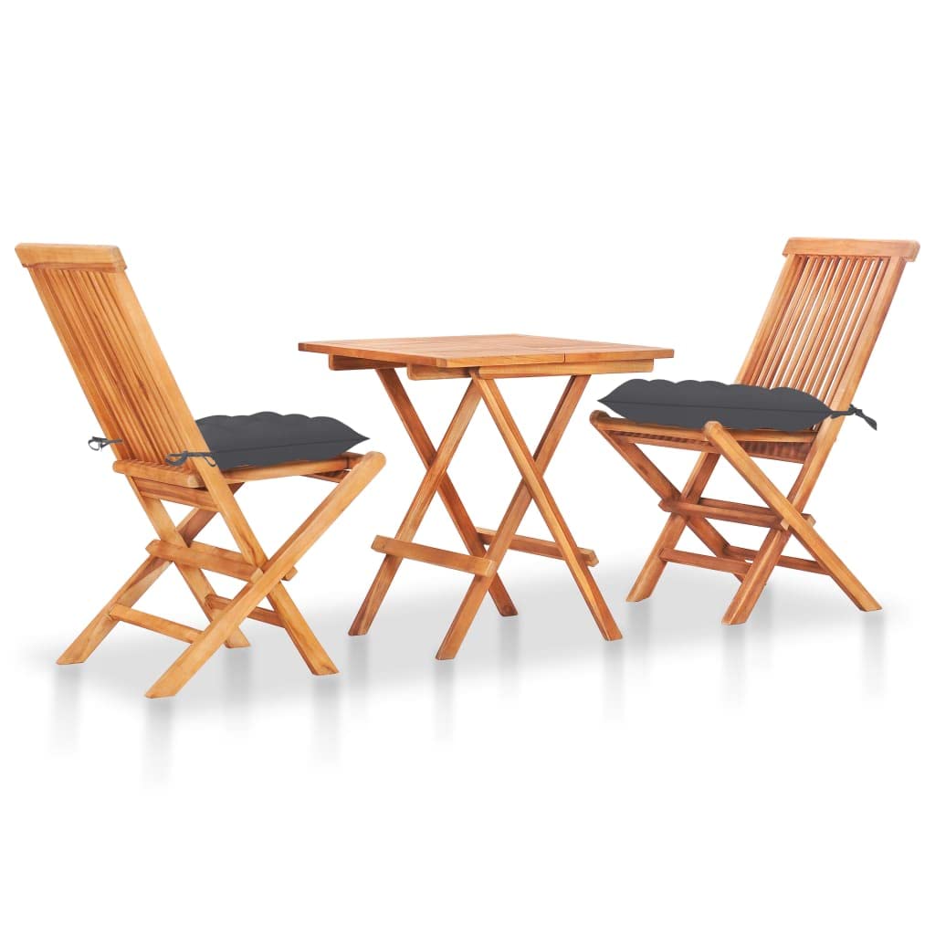 Premium 3-Piece Teak Wood Bistro Set with Anthracite Cushions - Foldable Patio Dining Furniture for Outdoor Use - Weather-Resistant & Durable Garden Set - Easy Maintenance - Perfect for Backyard, Balcony or Poolside Relaxation