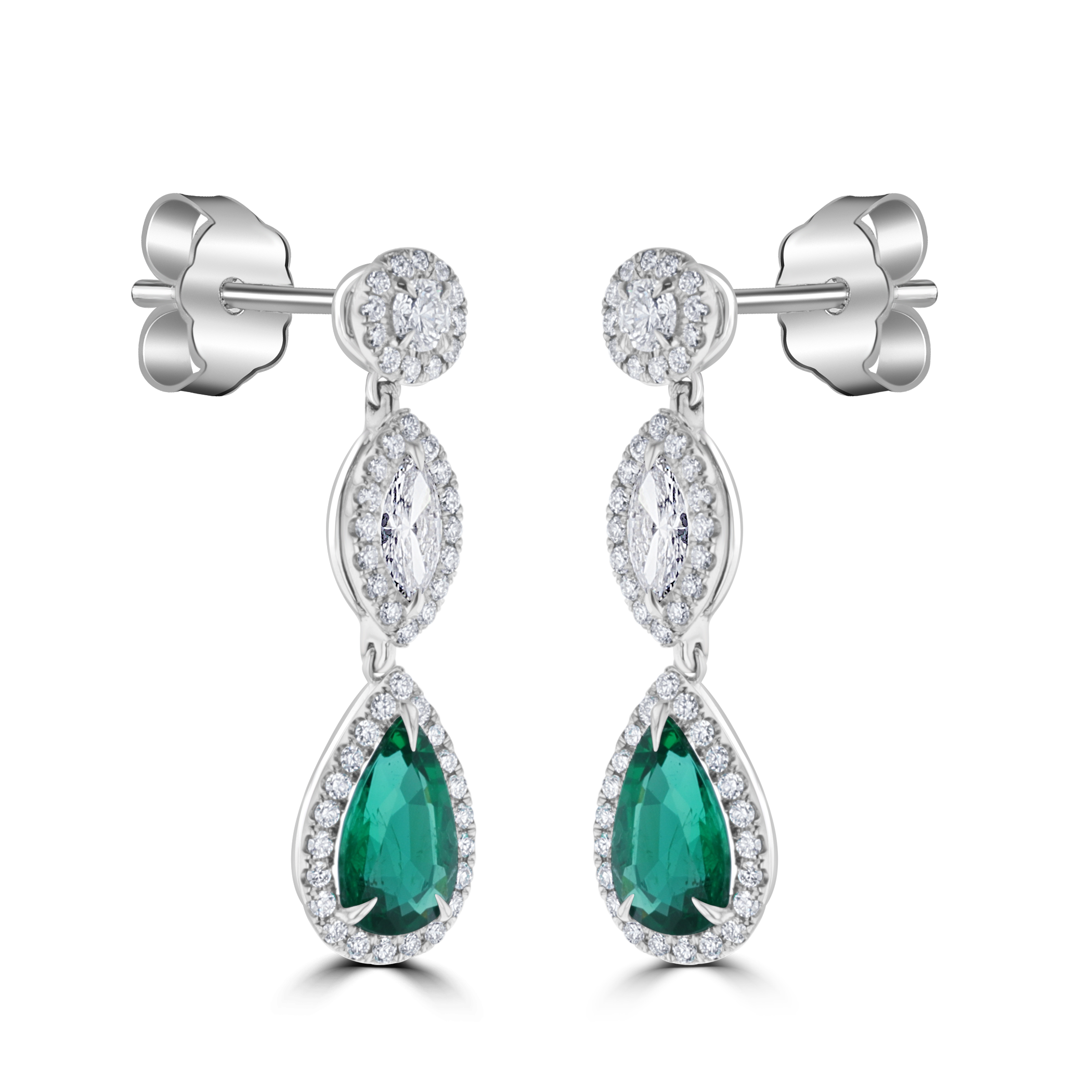 18KT White Gold 3.32 CTW Emerald & 1.73 CTW Diamond Halo Drop Earrings for Women - Elegant Dangling Jewelry for Weddings, Parties & Special Occasions