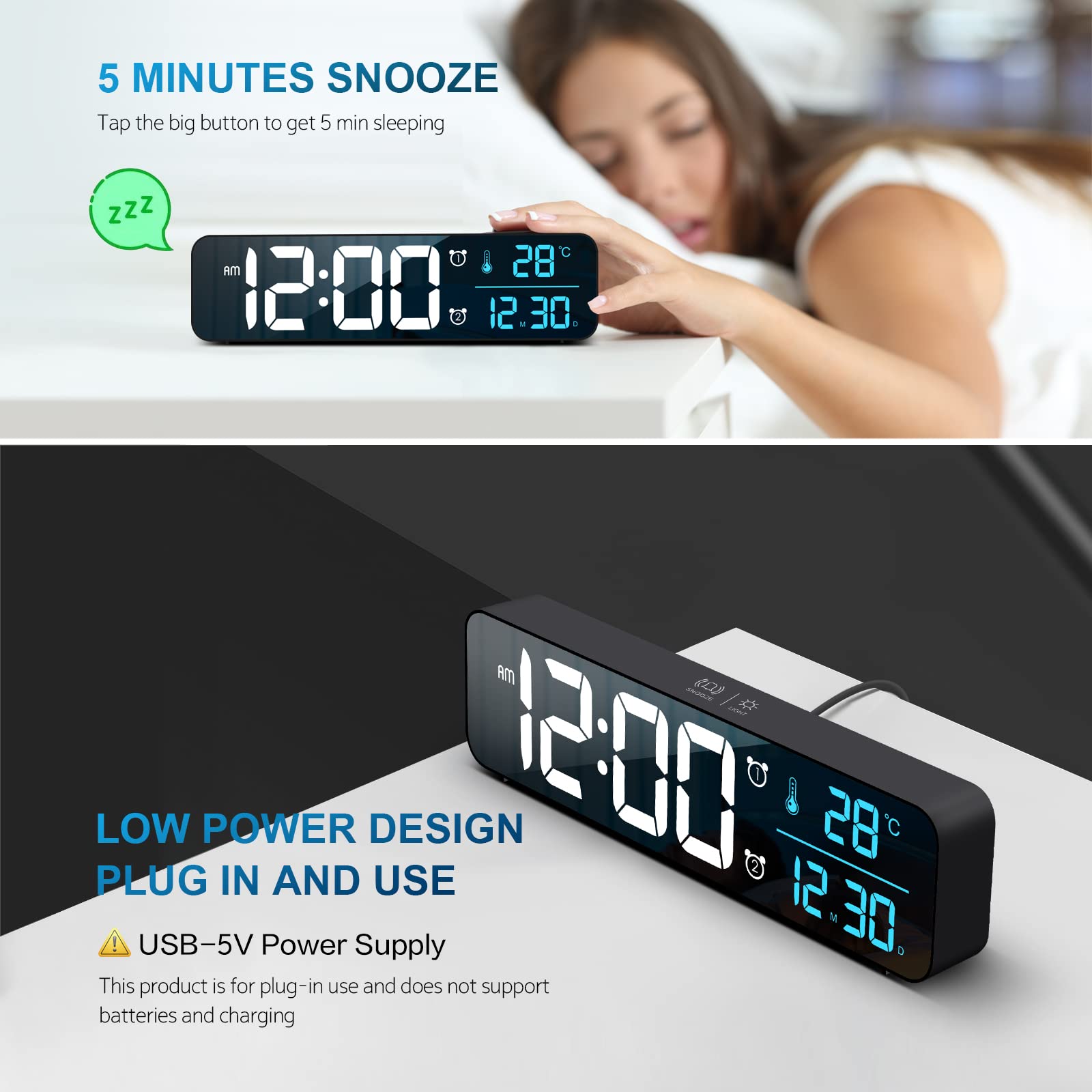 Digital Alarm Clock with Large Display - Wired Wall/Desk Clock for Bedroom, Office & Living Room Decor - Blue LED Backlight & Smart Features - Perfect for Nightstands, Workstations & Home Décor