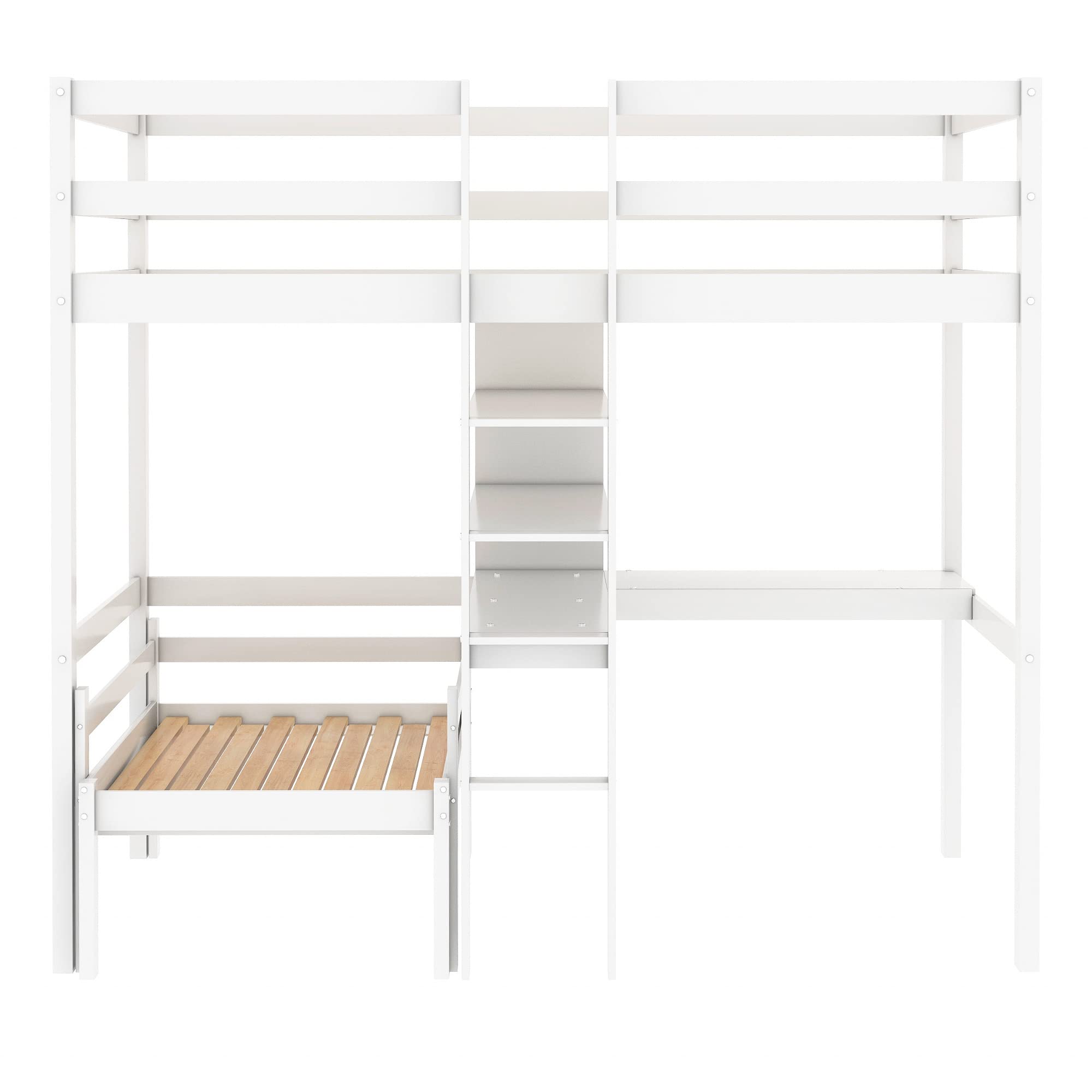 Harper & Bright Designs Twin Size Loft Bed with Desk - Wooden Bunk Bed with Storage Shelves, Ladder & Safety Rail - Convertible Lower Bed, No Box Spring Needed - White - Perfect for Kids' Bedroom, Dorm Room or Small Space Saving Solution
