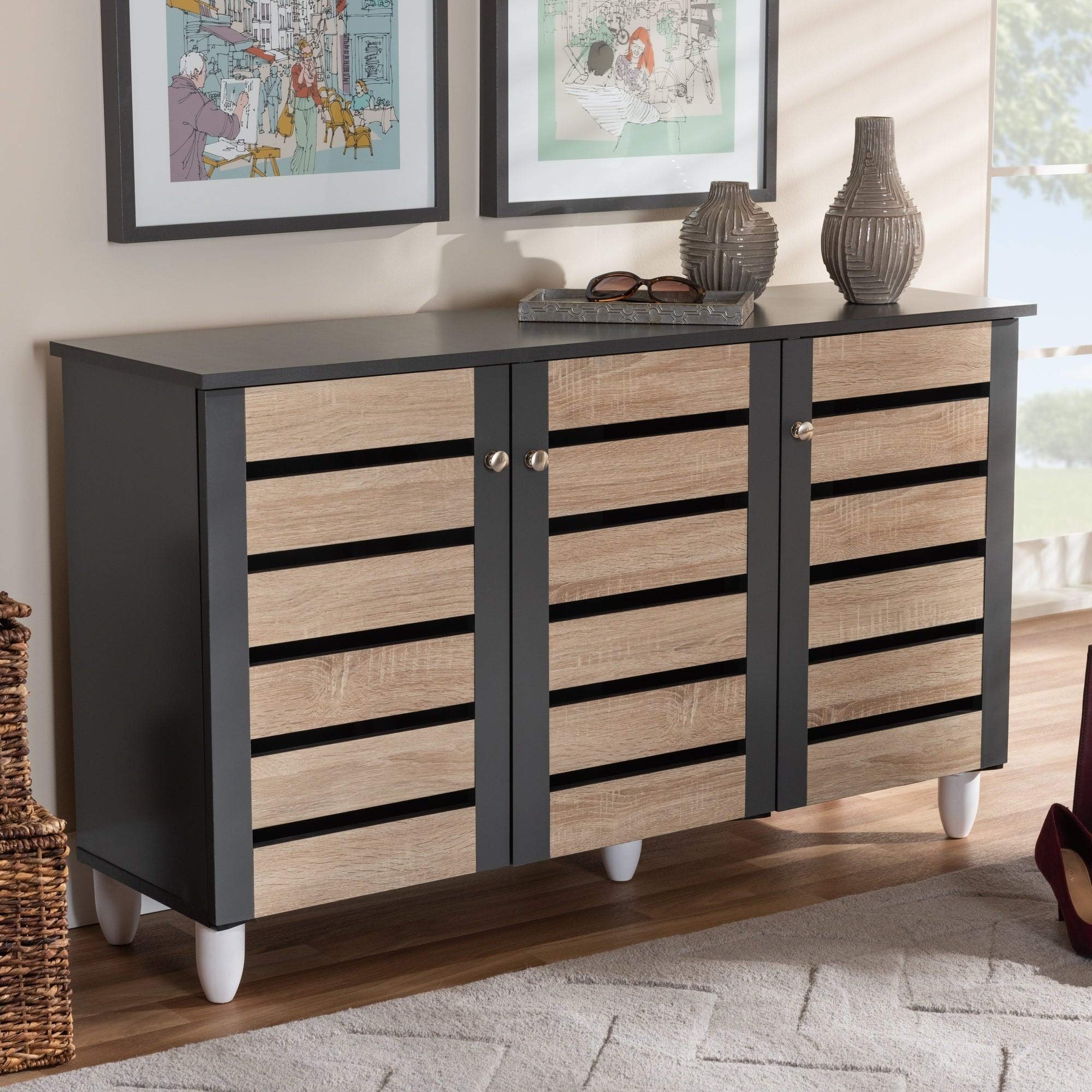 Modern Wooden Shoe Storage Cabinet with Hardware - Contemporary Brown Entryway Organizer for Shoes, Hats & Accessories | Perfect for Hallway, Closet & Mudroom Organization