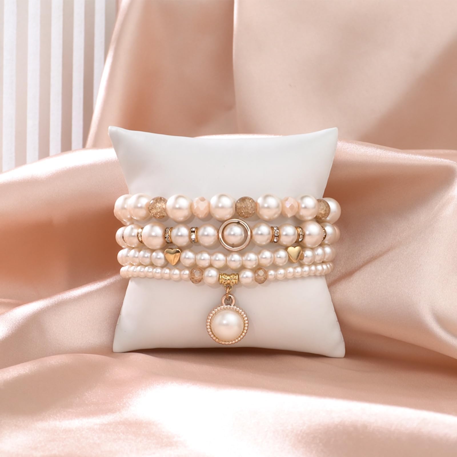 V-MORO Stretchy Pearl Bracelet Compatible with Apple Watch 38/40/41/42/44/45mm - Rose Gold Fashion Jewelry Band for Women - Perfect for iWatch Series 9/8/7/6/5/4/3/2/1/SE - Elegant Accessory for Work, Parties & Daily Wear