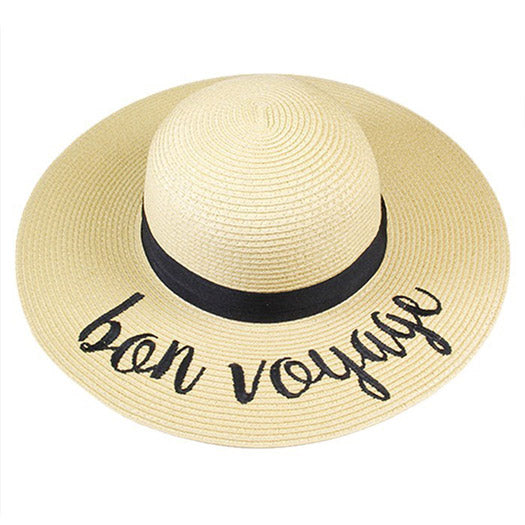Bon Voyage Embroidery Straw Floppy Sun Hat for Women - UV Protection Wide Brim Beach Hat - Perfect for Vacation, Travel, and Summer Outdoor Activities