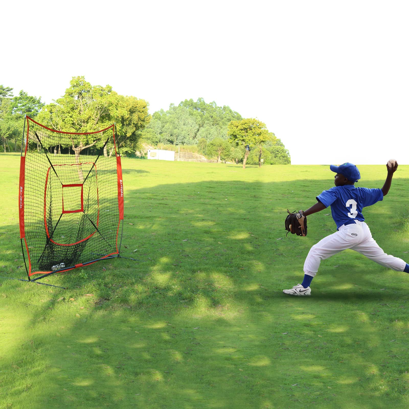 7'×7' Baseball & Softball Practice Net with Batting Tee - Portable Backstop for Hitting, Pitching & Catching - Sturdy Bow Frame Design with Bonus Strike Zone - Perfect for Backyard Training, Team Practice & Youth Baseball Drills